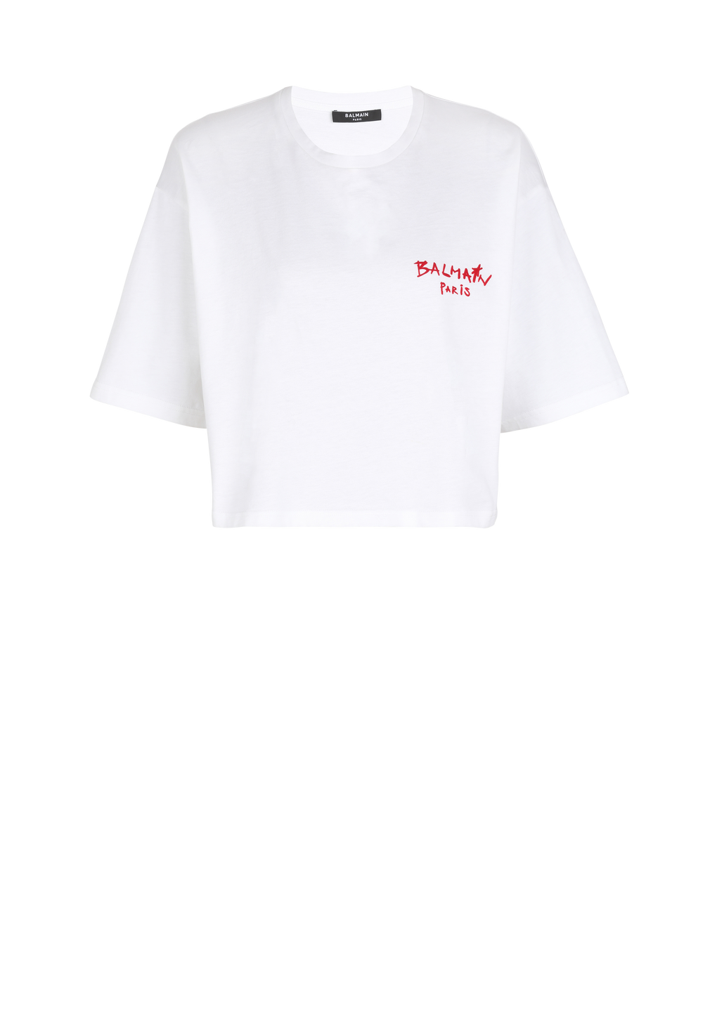 T-shirt corta in cotone con piccolo logo Balmain graffiti floccato, bianco, hi-res