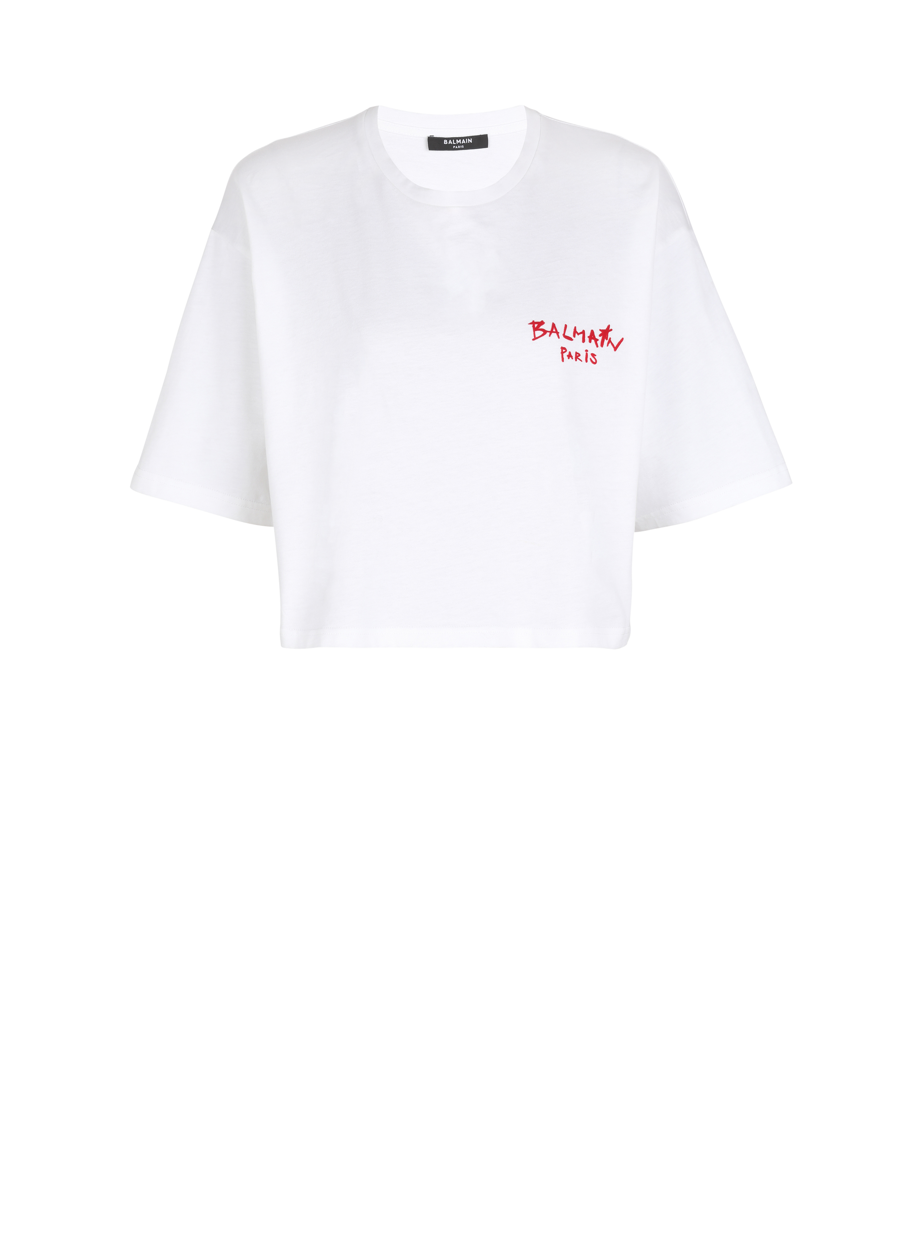 T-shirt corta in cotone con piccolo logo Balmain graffiti floccato, bianco
