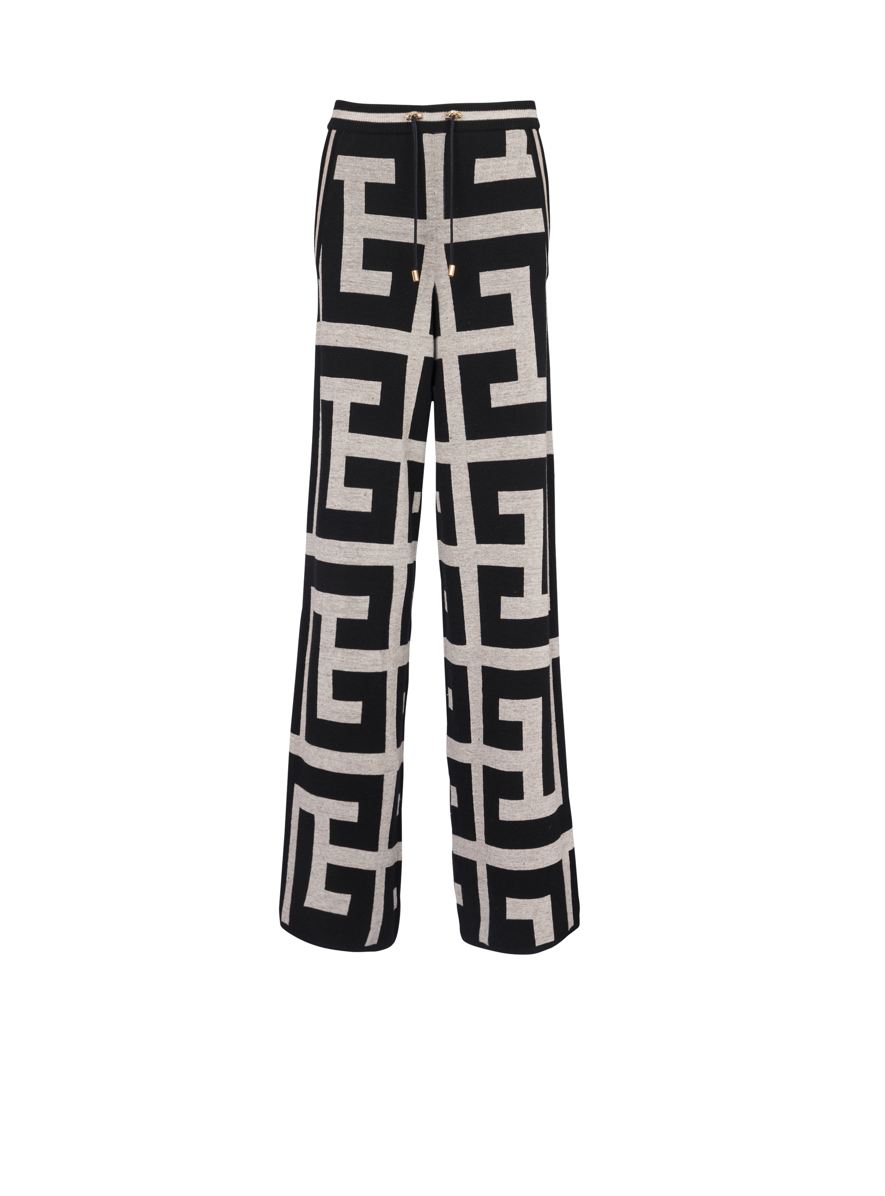 Pantaloni ampi in maglia con maxi monogramma Balmain, nero