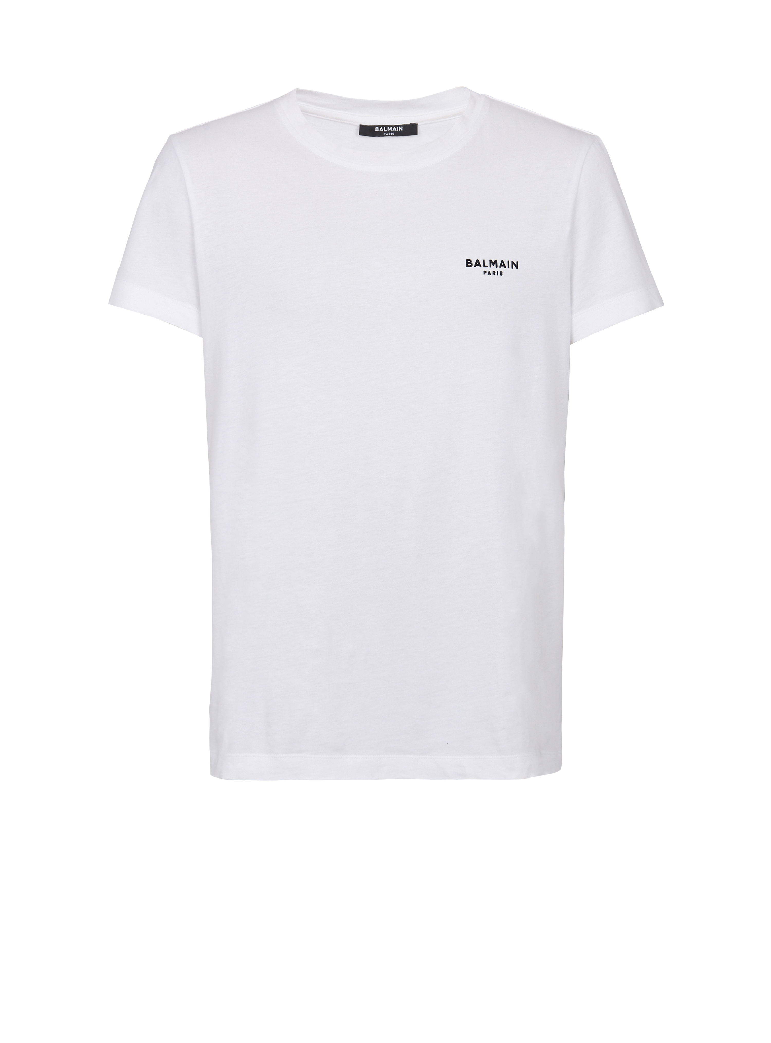 T-shirt in cotone eco-design con piccolo logo Balmain floccato, bianco