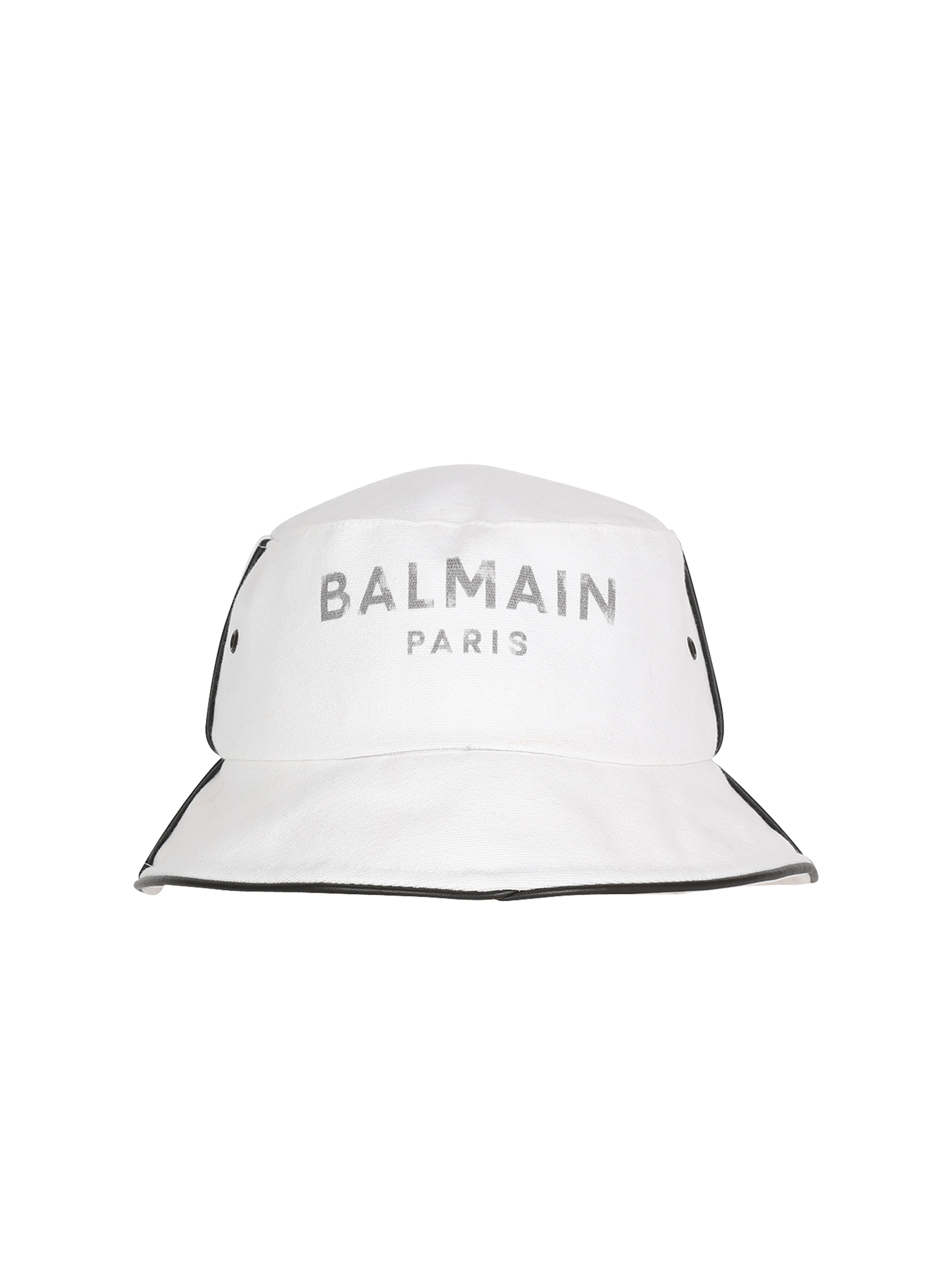 Cappello da pescatore B-Army in cotone e pelle con logo Balmain, bianco