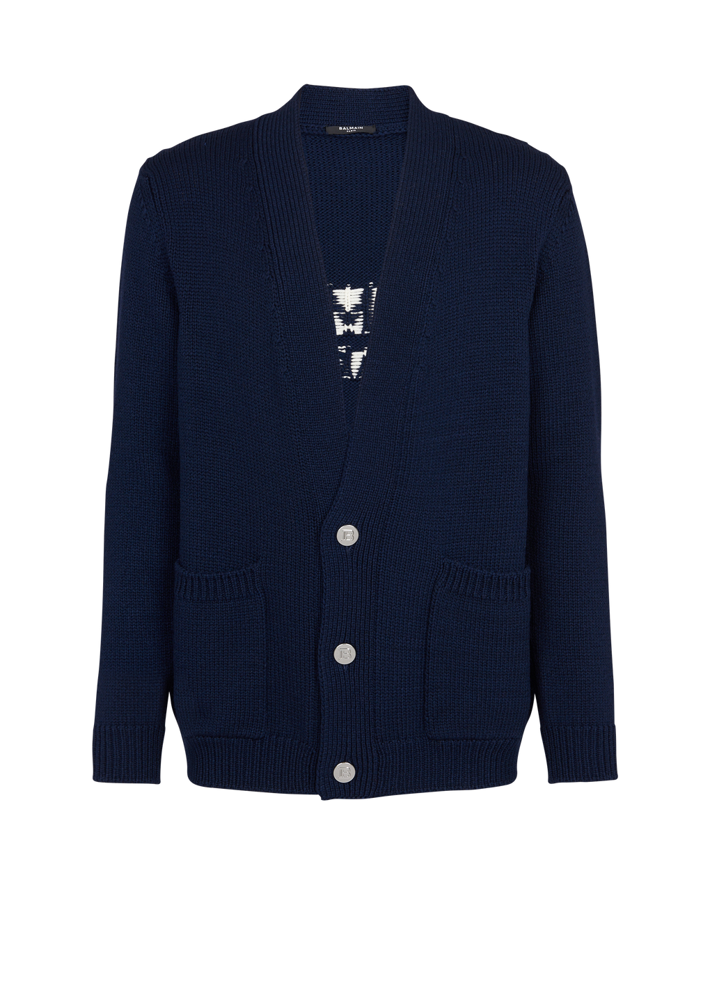 Cardigan in maglia con logo Balmain Paris, blu, hi-res