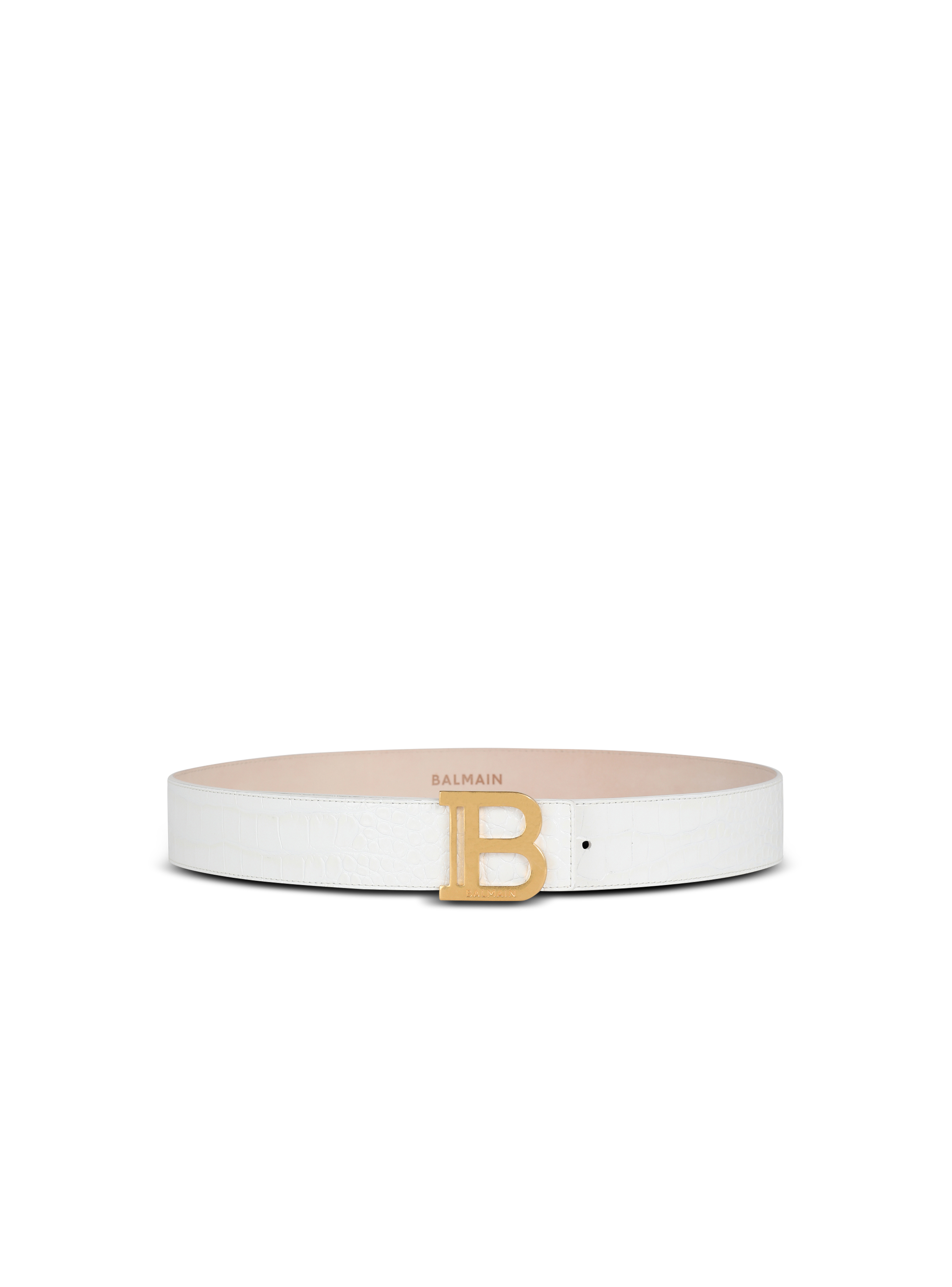 Cintura B-Belt in pelle con lavorazione coccodrillo in rilievo, bianco