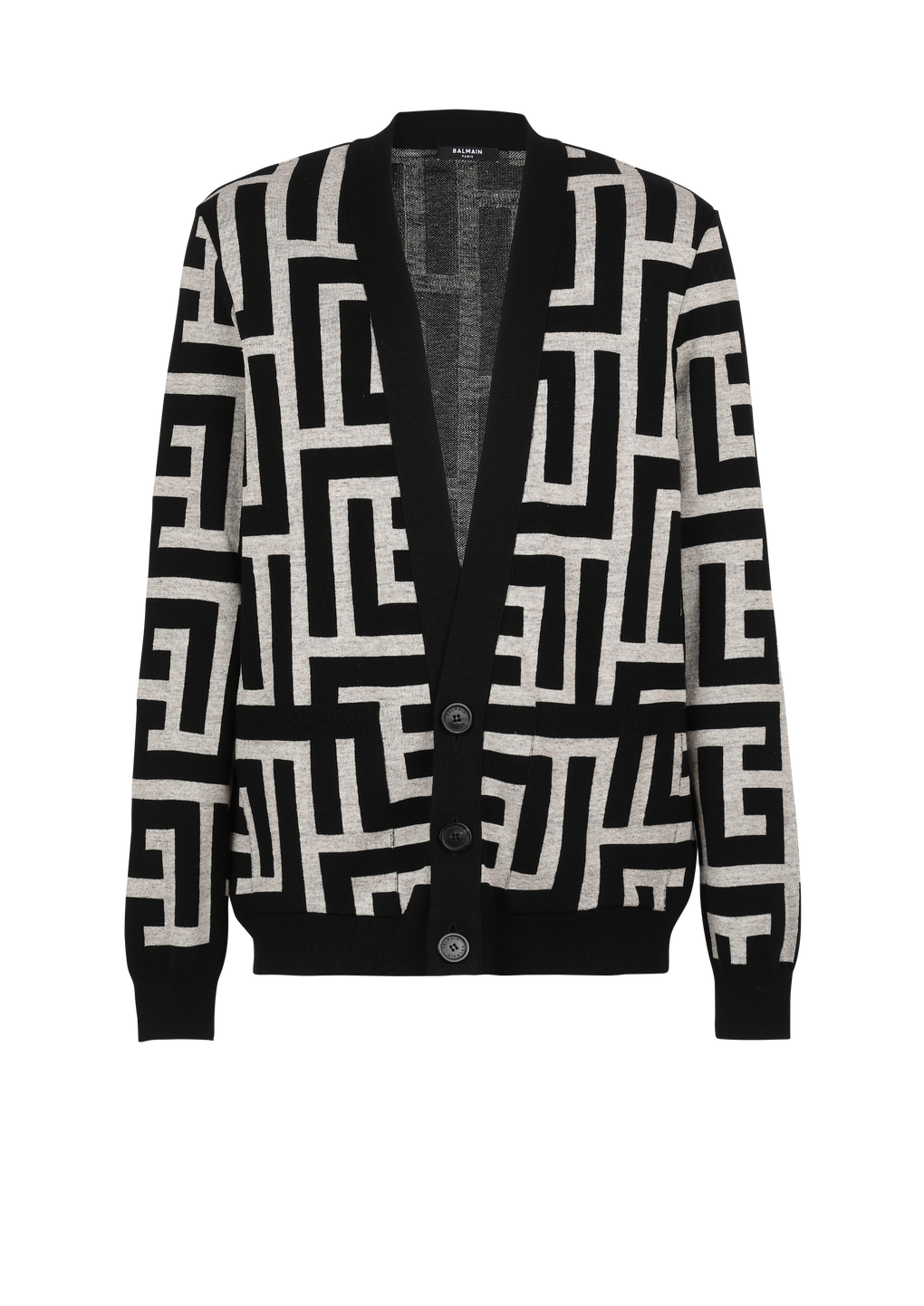 Cardigan oversize in lana con maxi monogramma Balmain, nero, hi-res