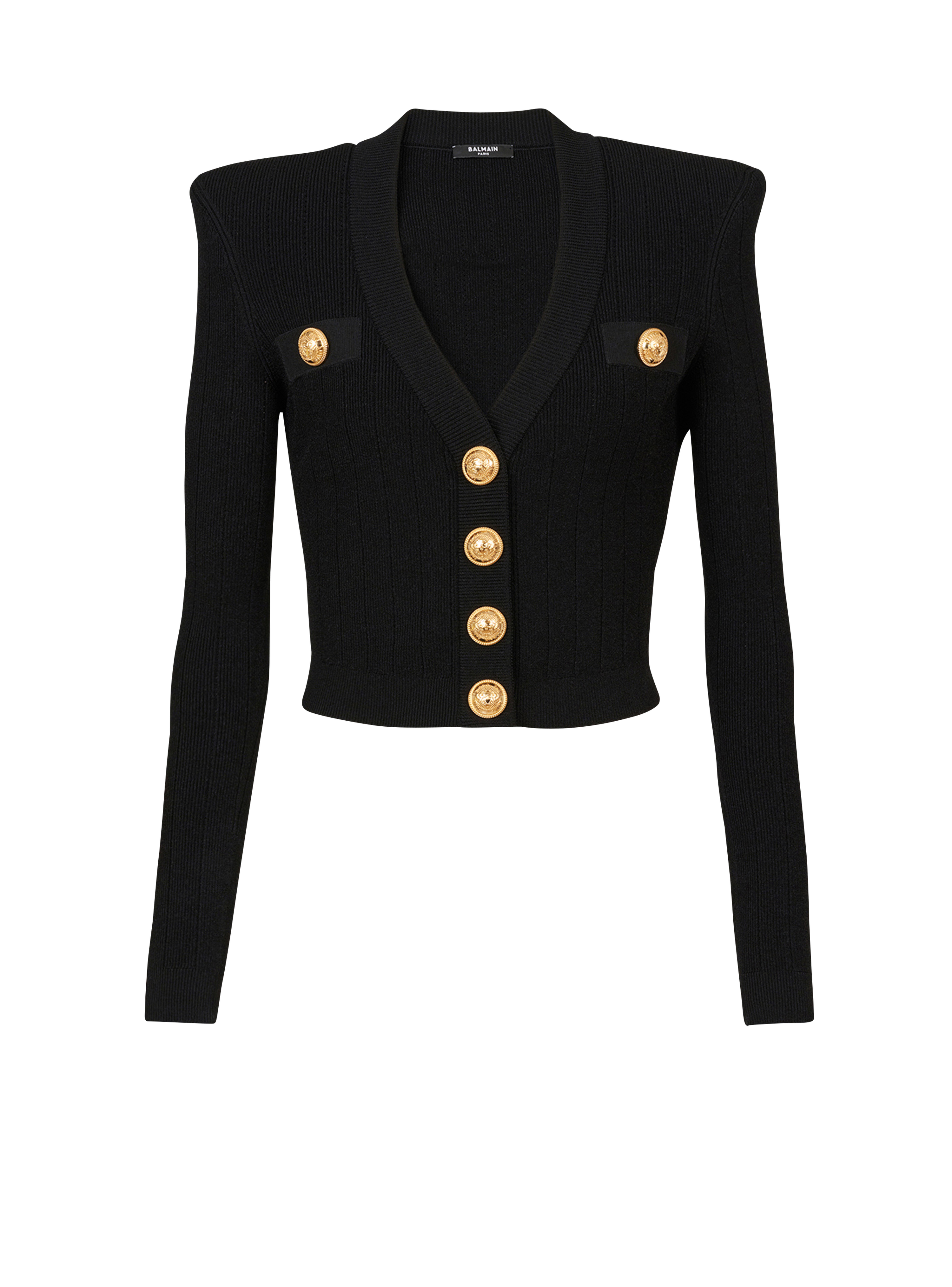 Cardigan corto in maglia eco-design con bottoni dorati, nero