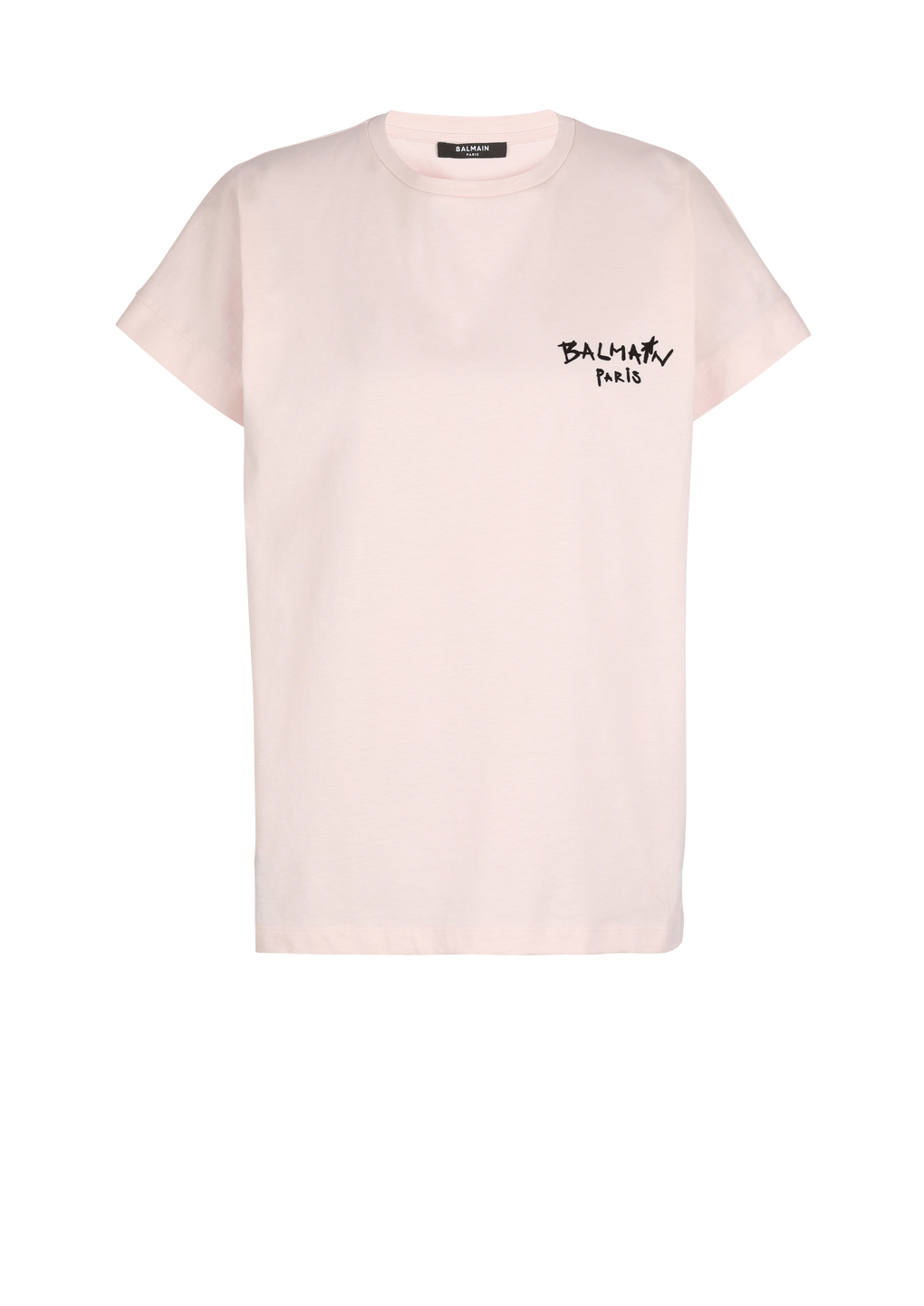 T-shirt in cotone con piccolo logo Balmain graffiti floccato, rosa, hi-res
