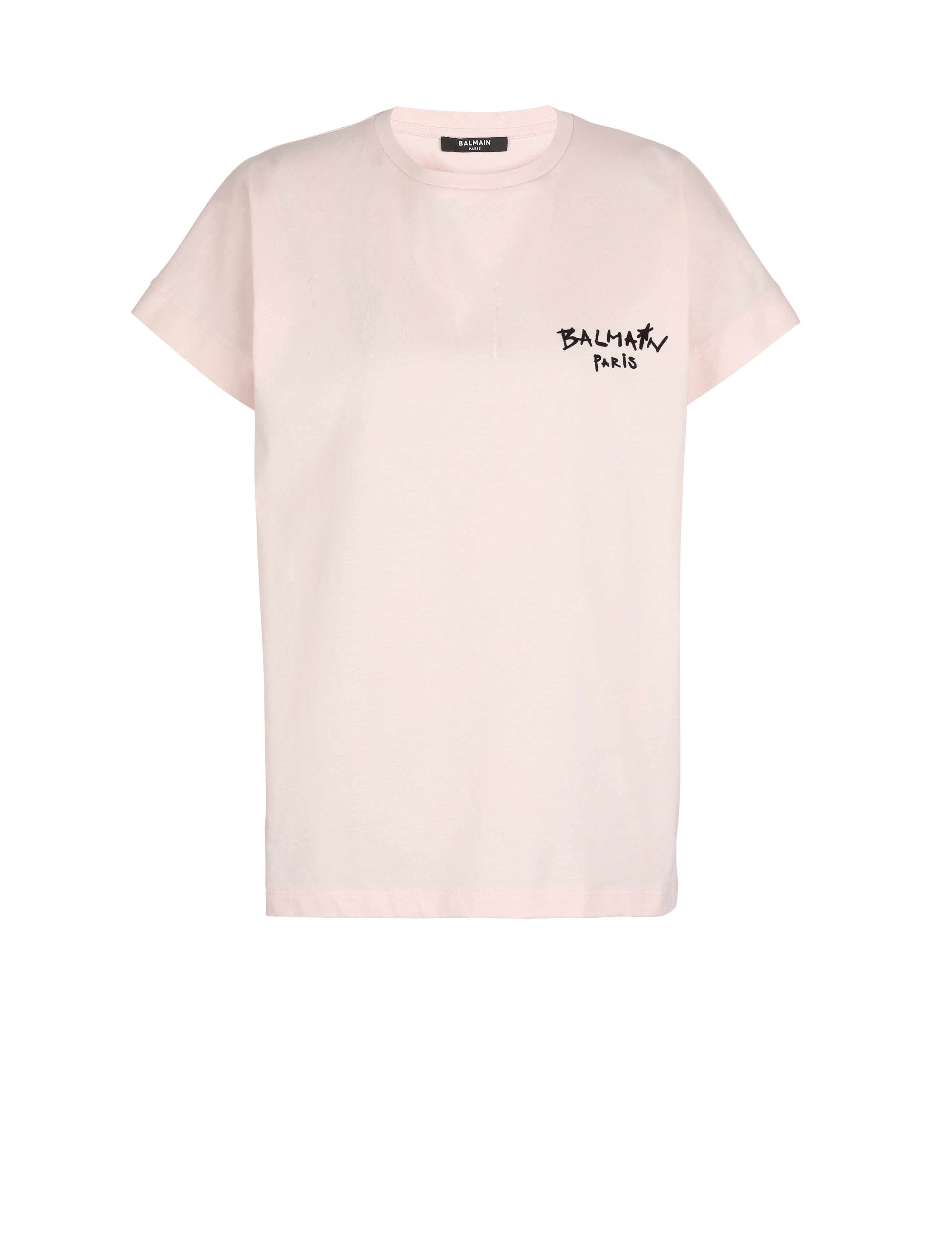 T-shirt in cotone con piccolo logo Balmain graffiti floccato, rosa