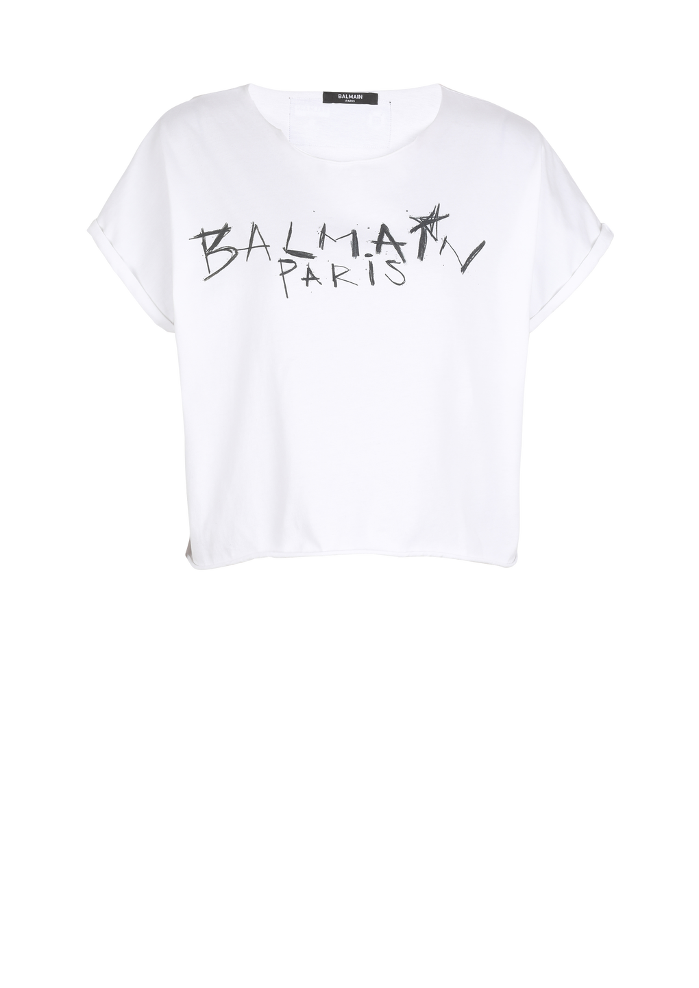T-shirt corta in cotone con stampa graffiti Balmain, bianco, hi-res