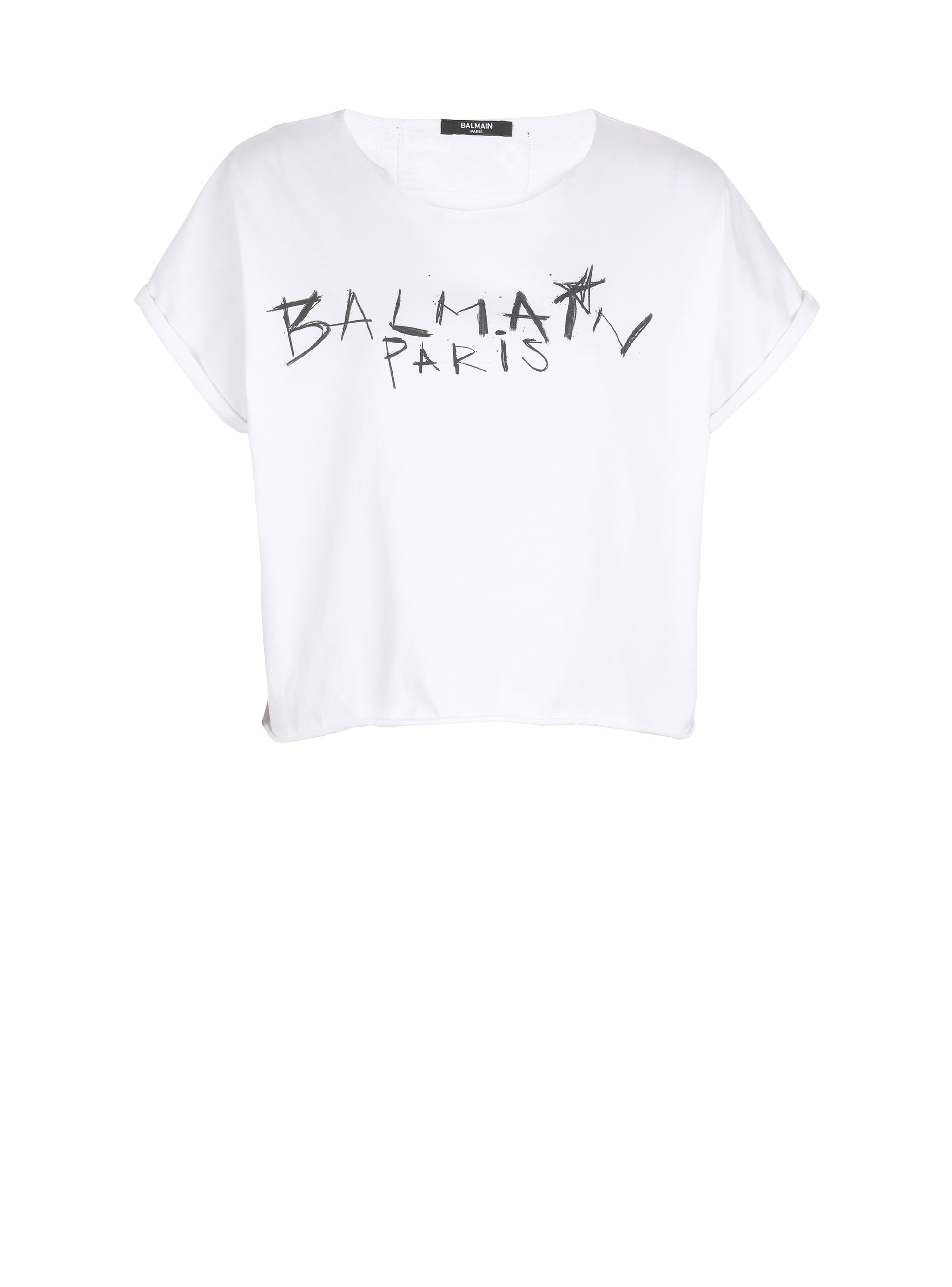 T-shirt corta in cotone con stampa graffiti Balmain, bianco