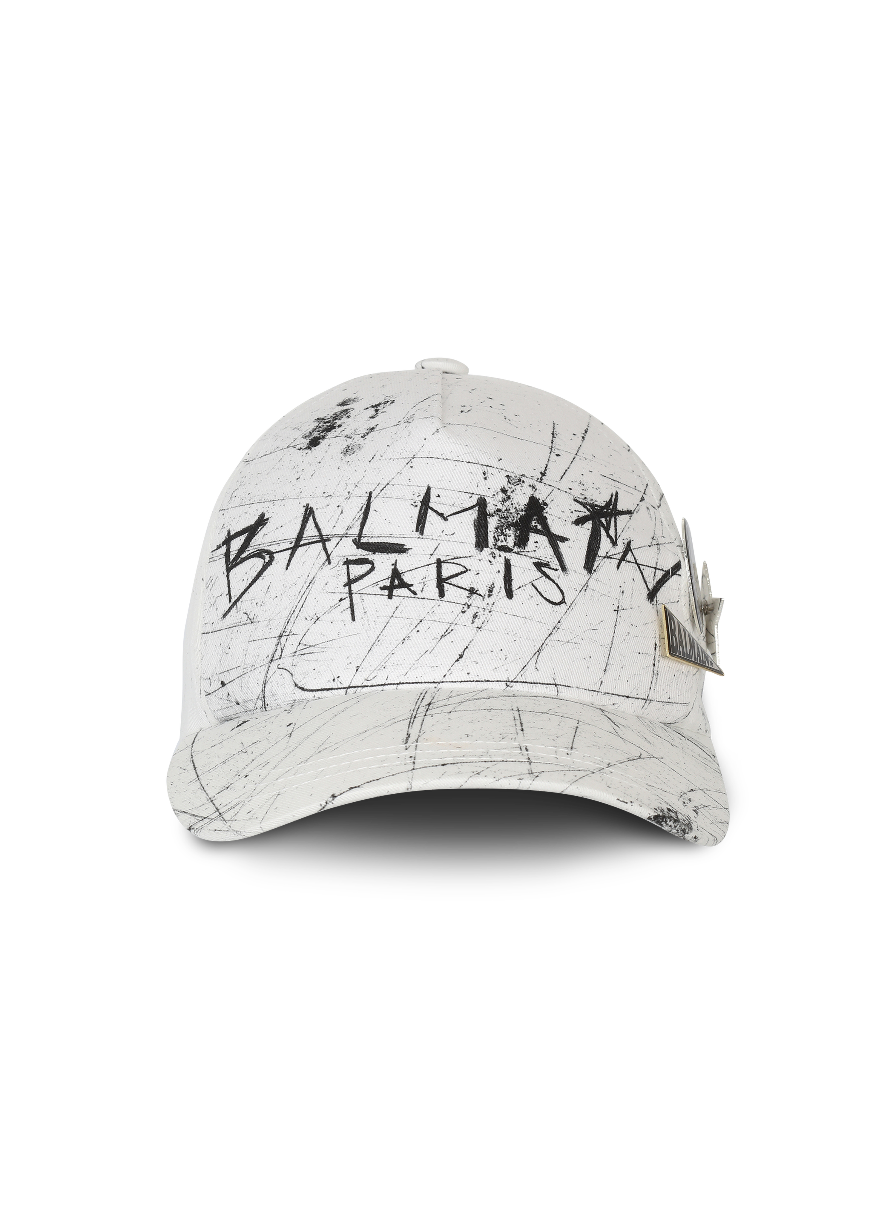 Cappellino in cotone con logo Balmain graffiti, bianco