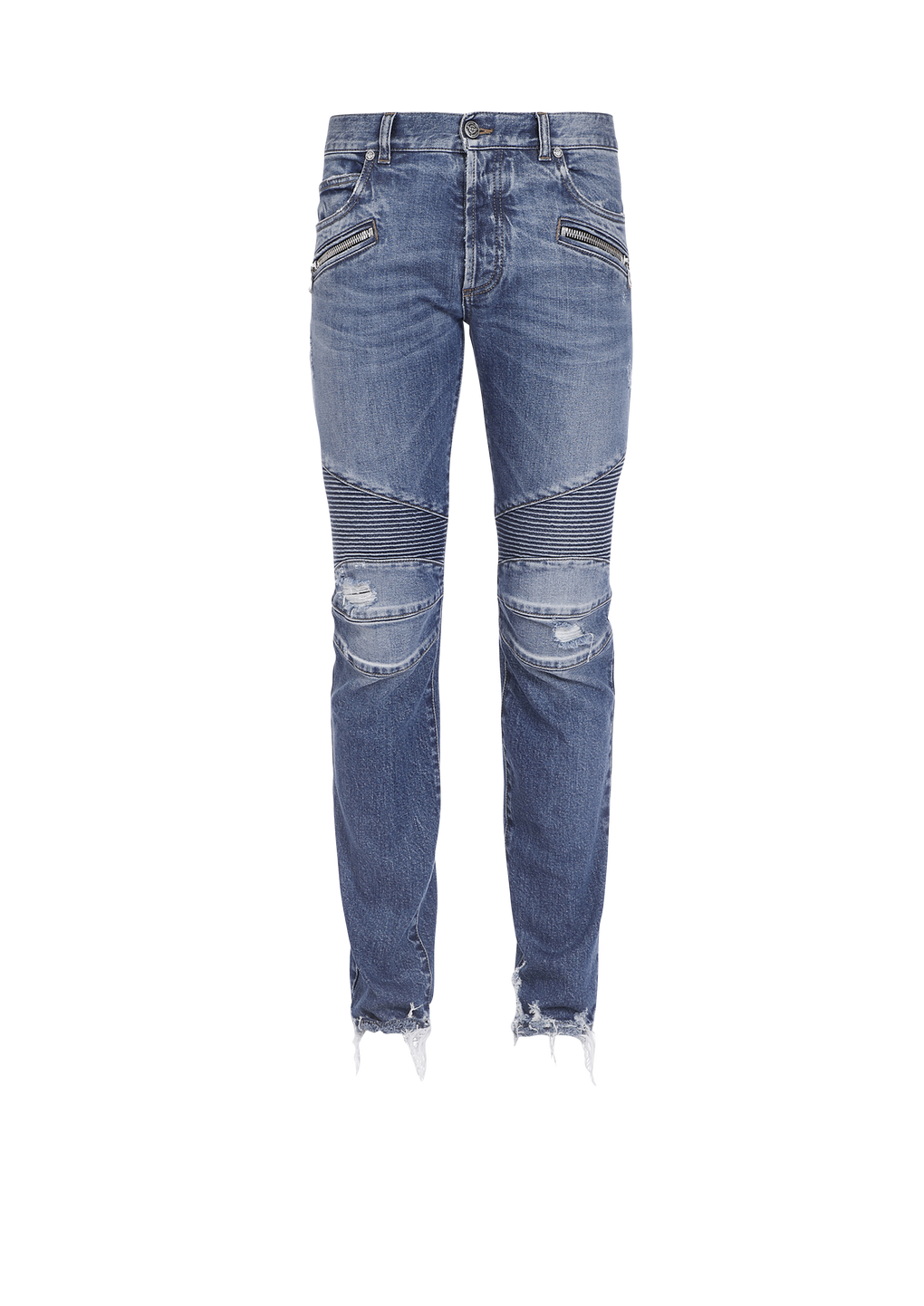 Jeans affusolati in cotone con strappi, blu, hi-res