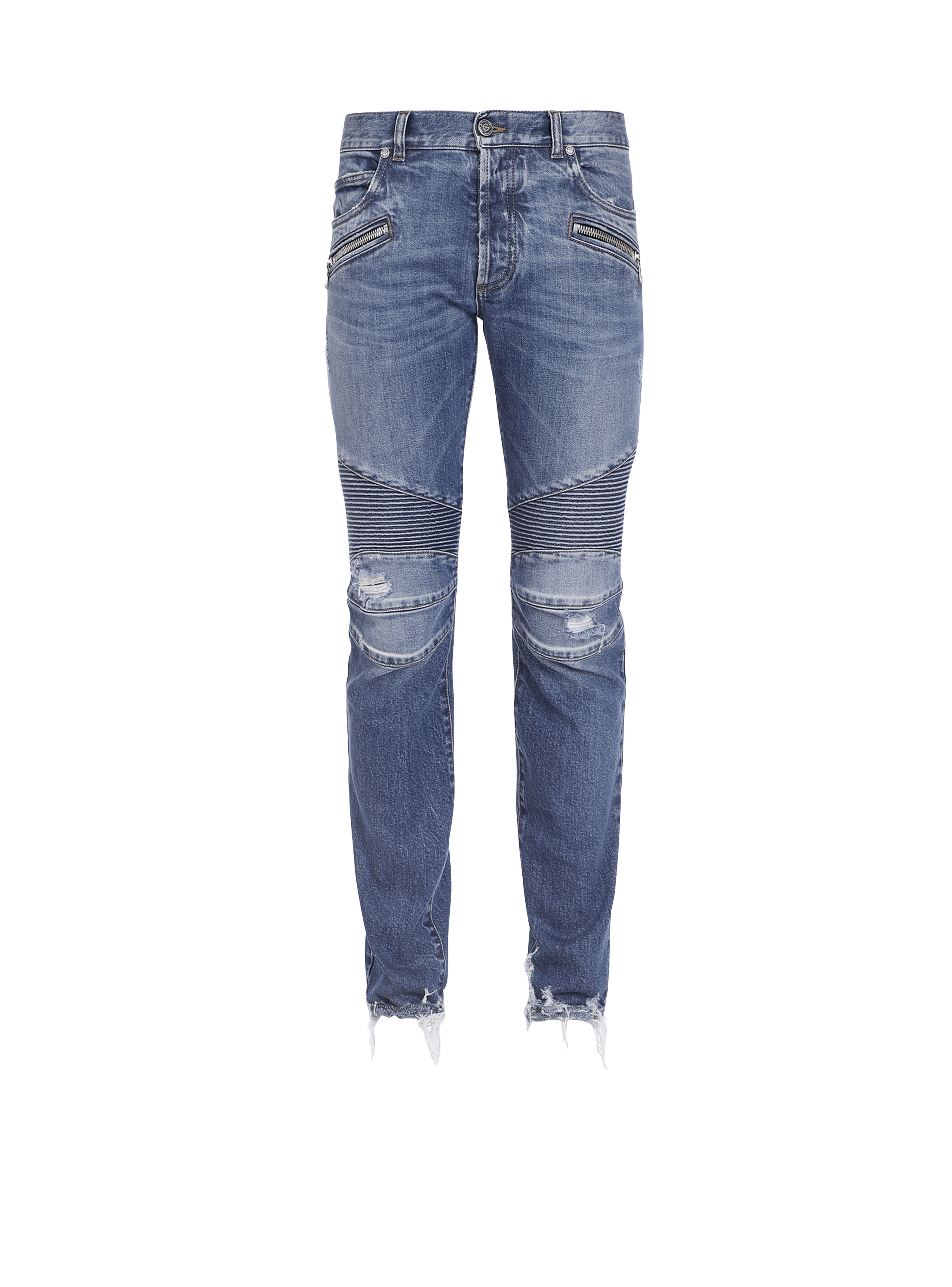 Jeans affusolati in cotone con strappi, blu