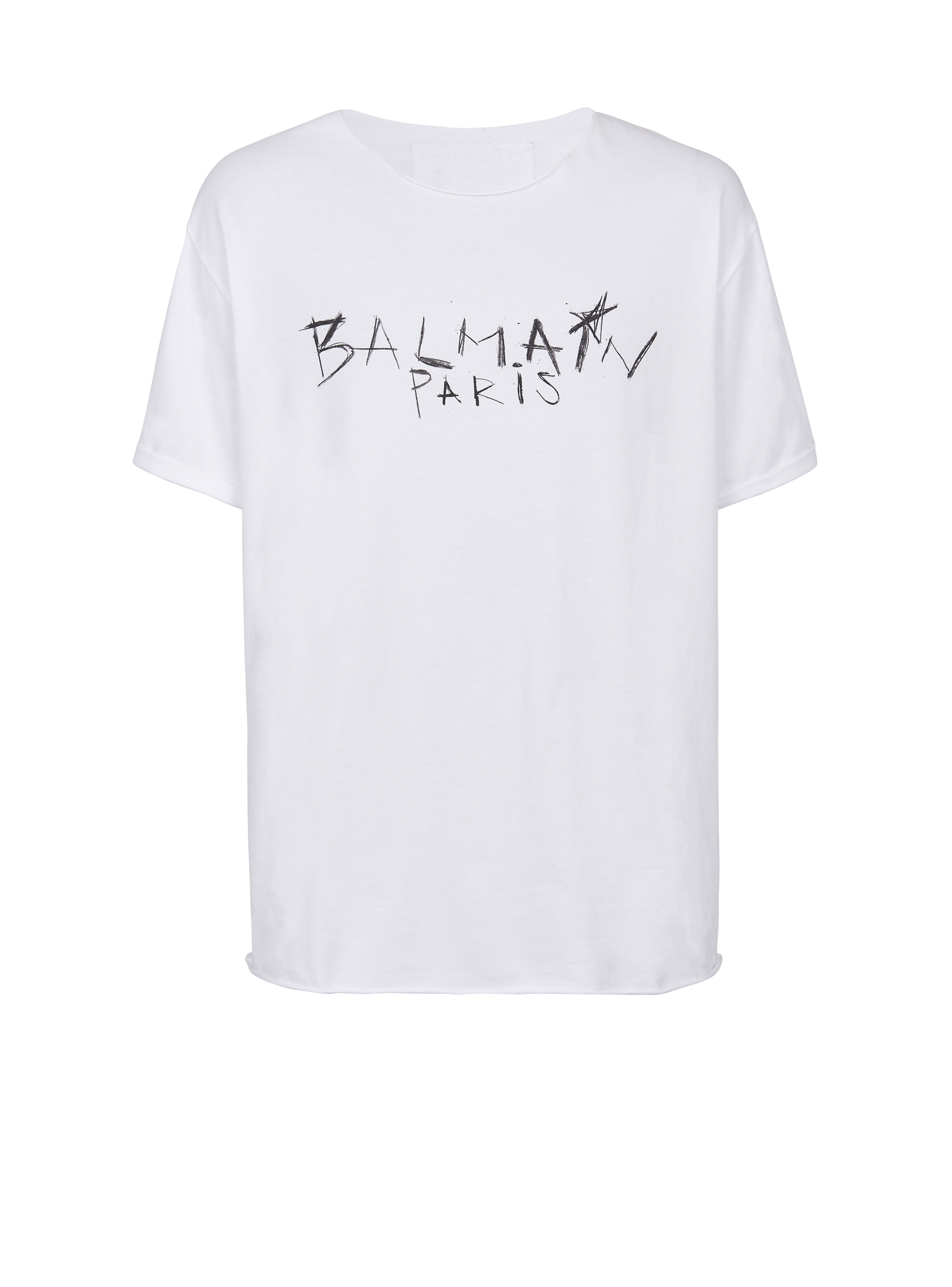 T-shirt in cotone con logo Balmain Paris graffiti, bianco