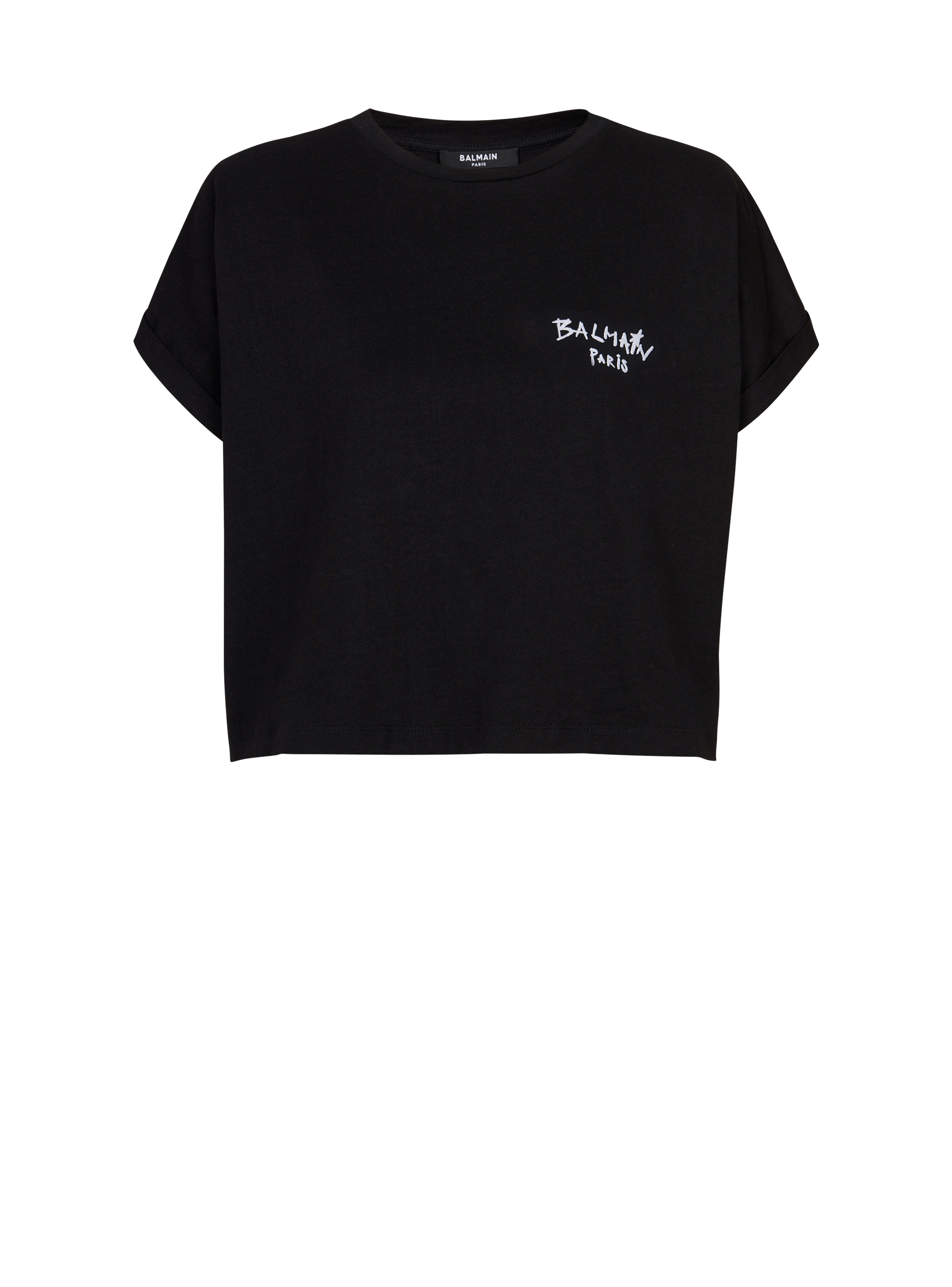 T-shirt corta in cotone con piccolo logo Balmain graffiti floccato, nero