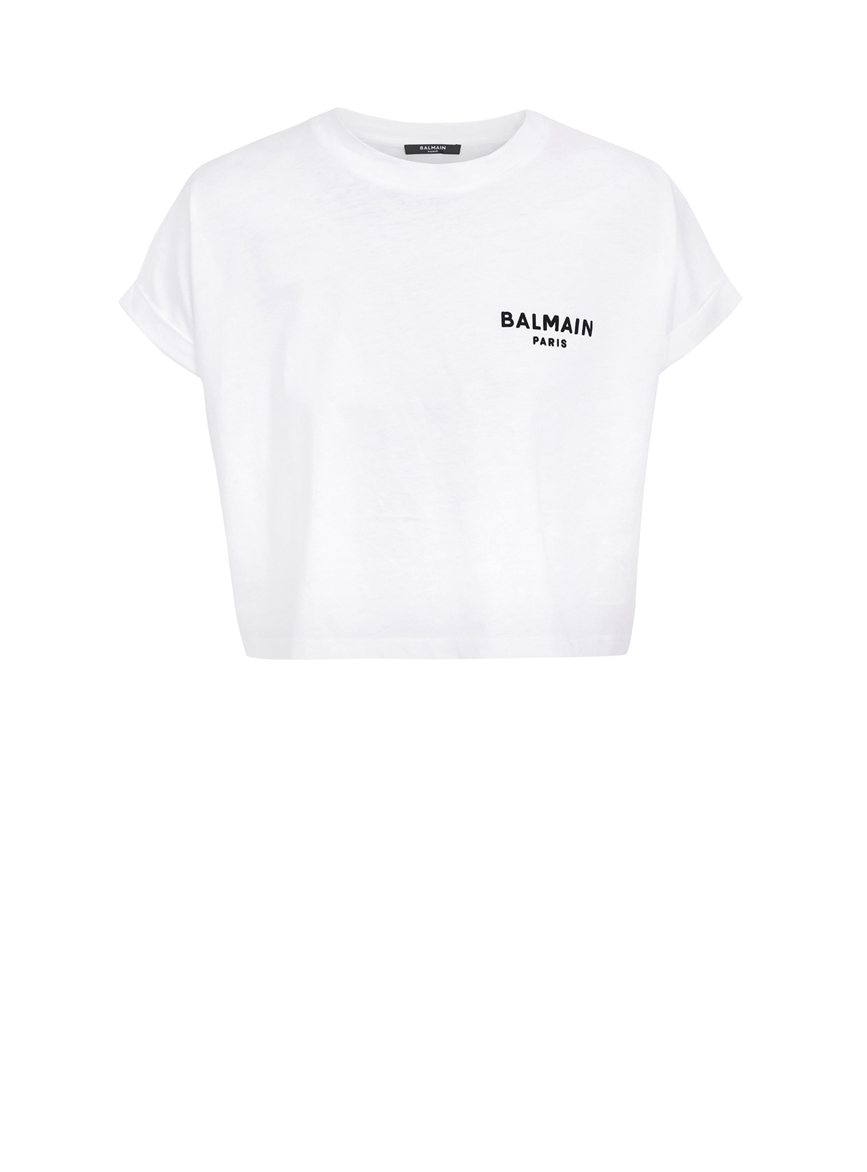 T-shirt corta in cotone con piccolo logo Balmain floccato, bianco