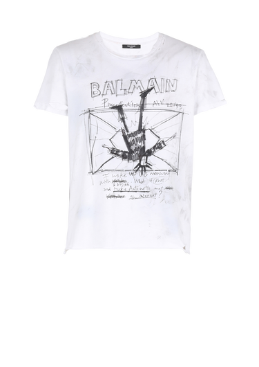 T-shirt in cotone con disegni e logo Balmain