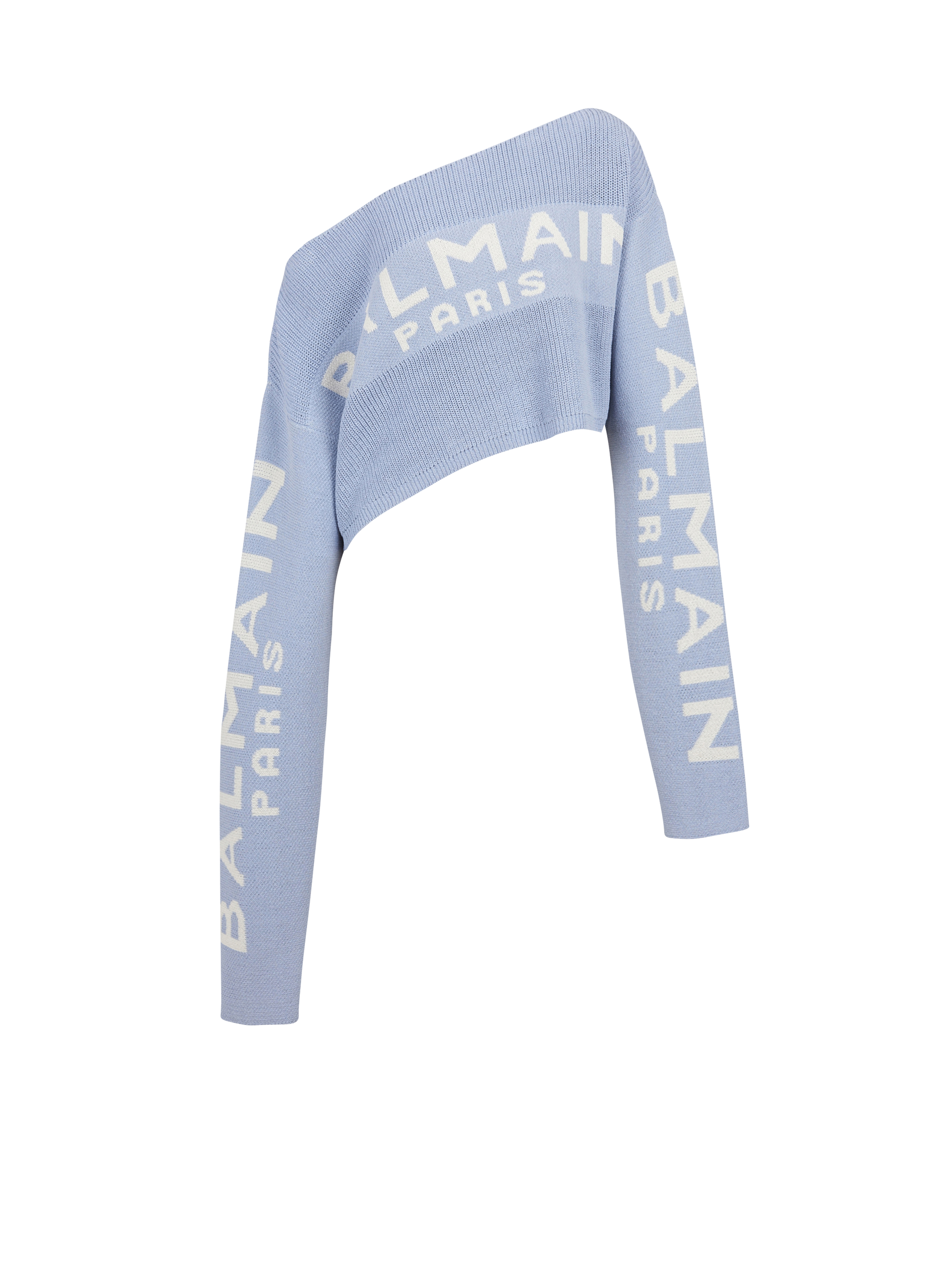 Pullover corto in maglia con logo Balmain graffiti, blu