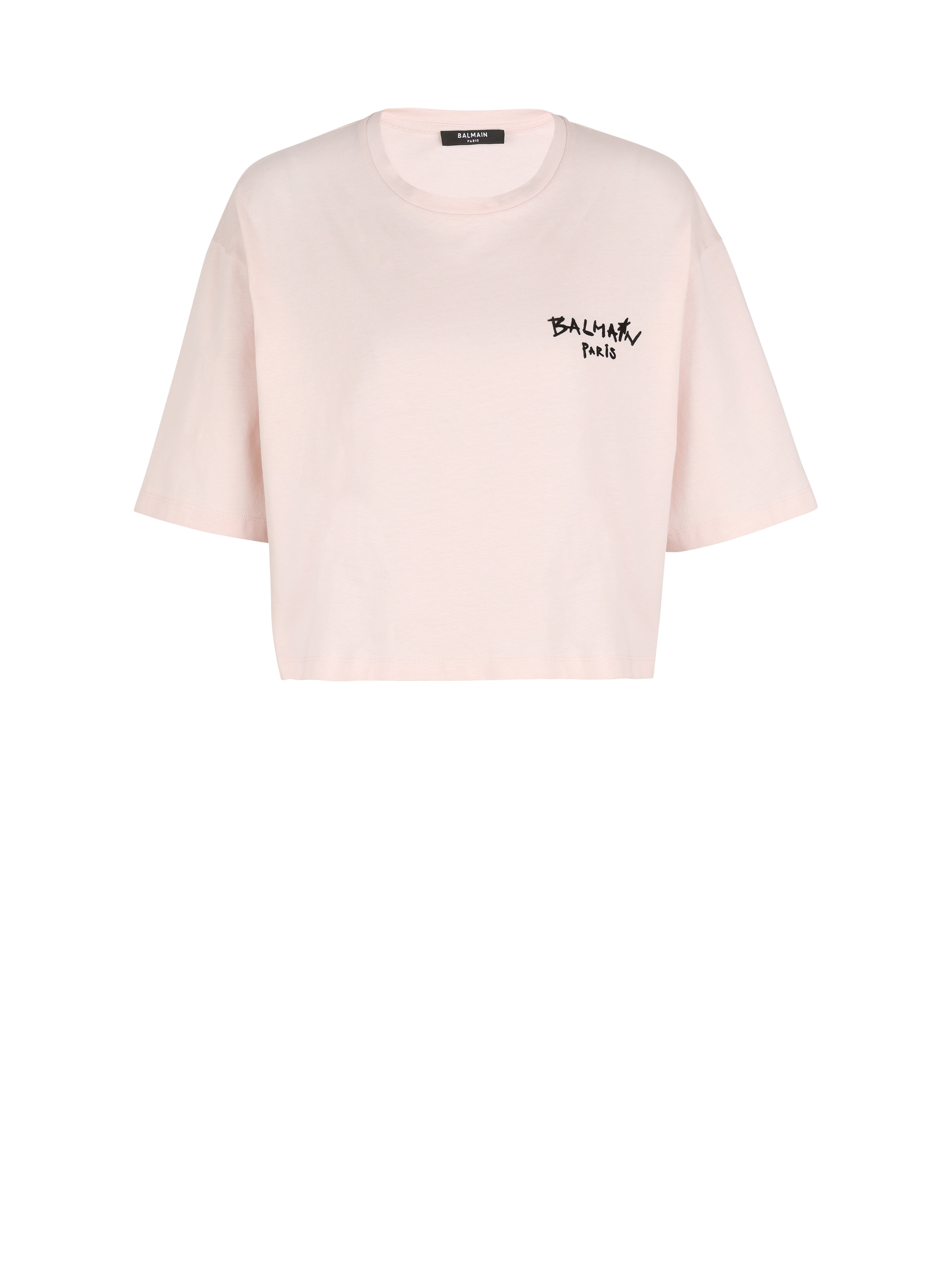 T-shirt corta in cotone con piccolo logo Balmain graffiti floccato, rosa