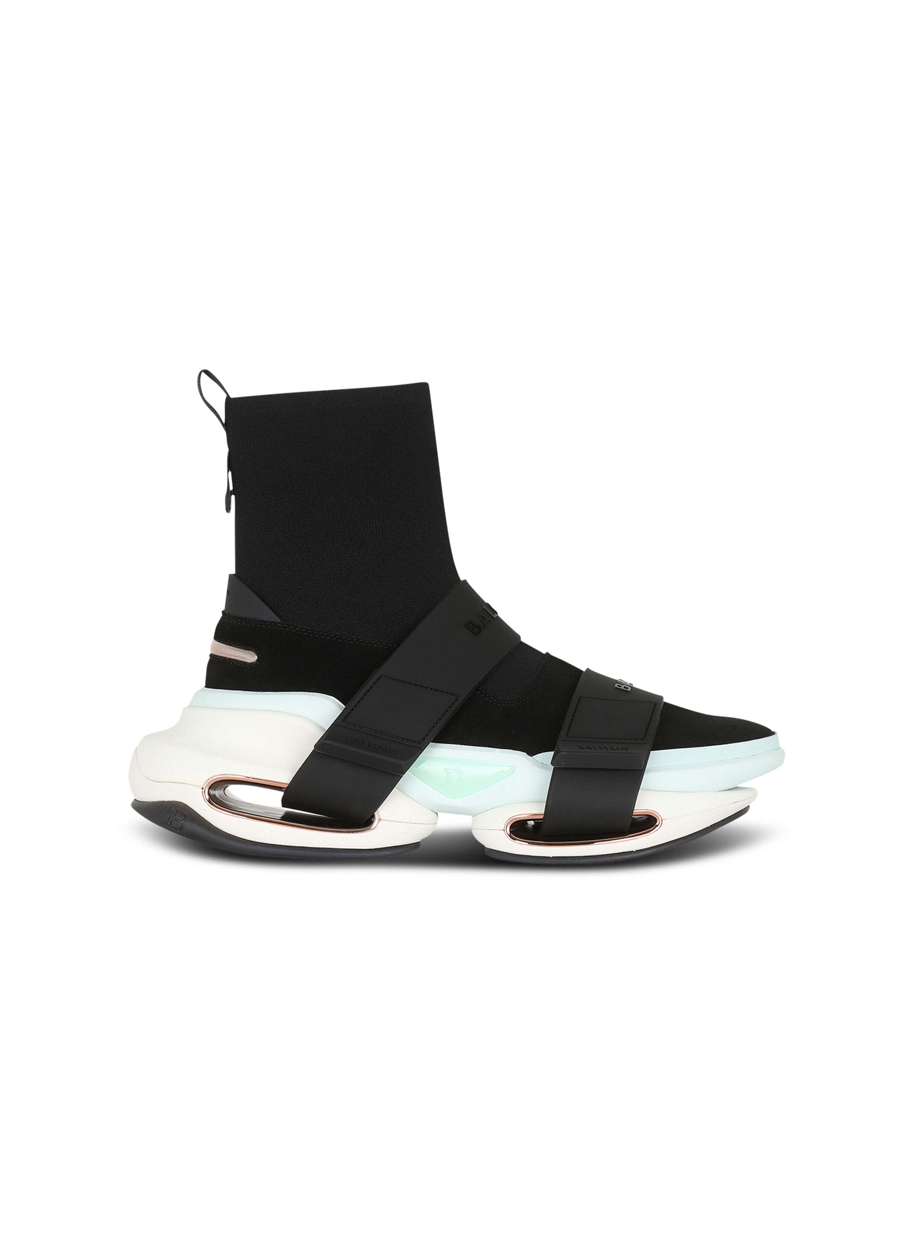 Sneakers alte B-Bold in camoscio e maglia con cinturini, bianco