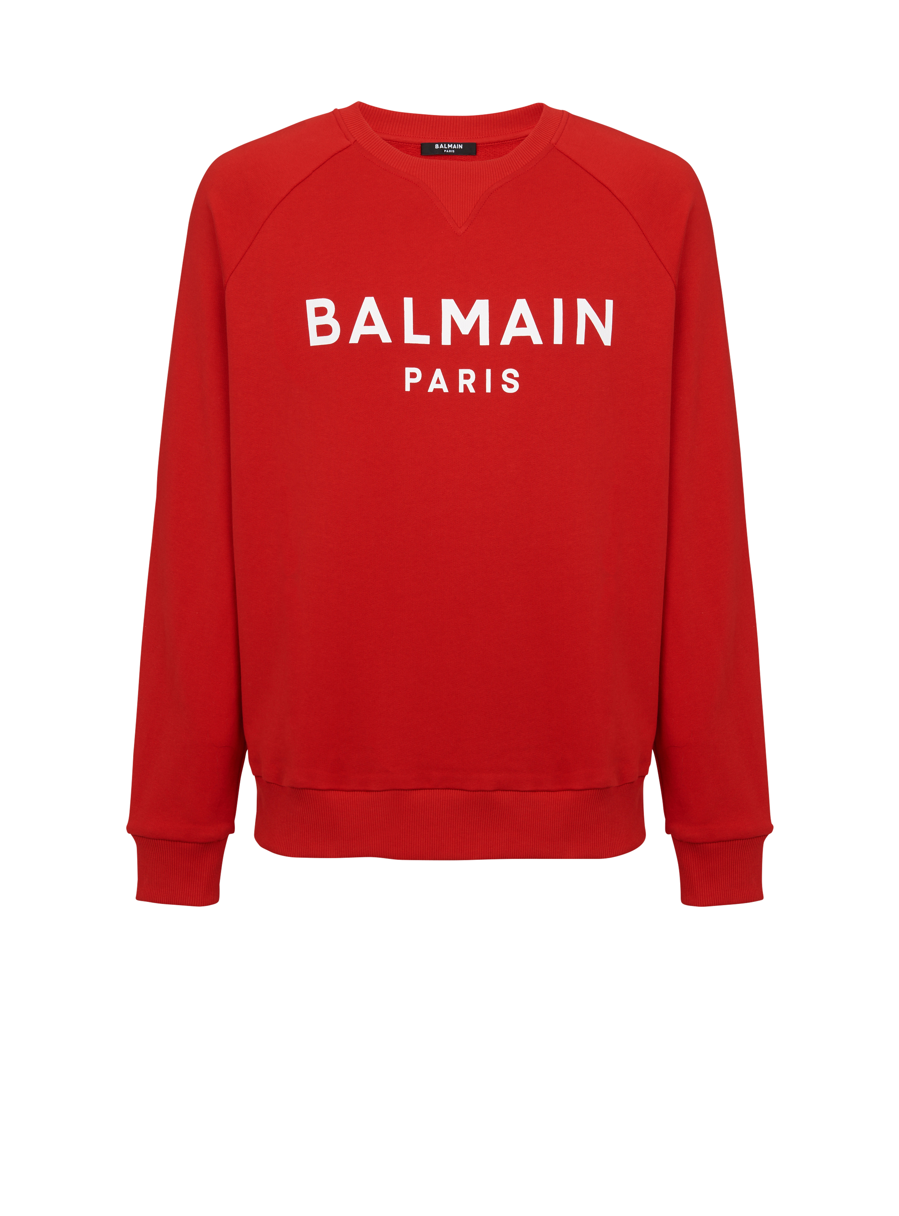 Felpa in cotone con logo Balmain Paris floccato, rosso