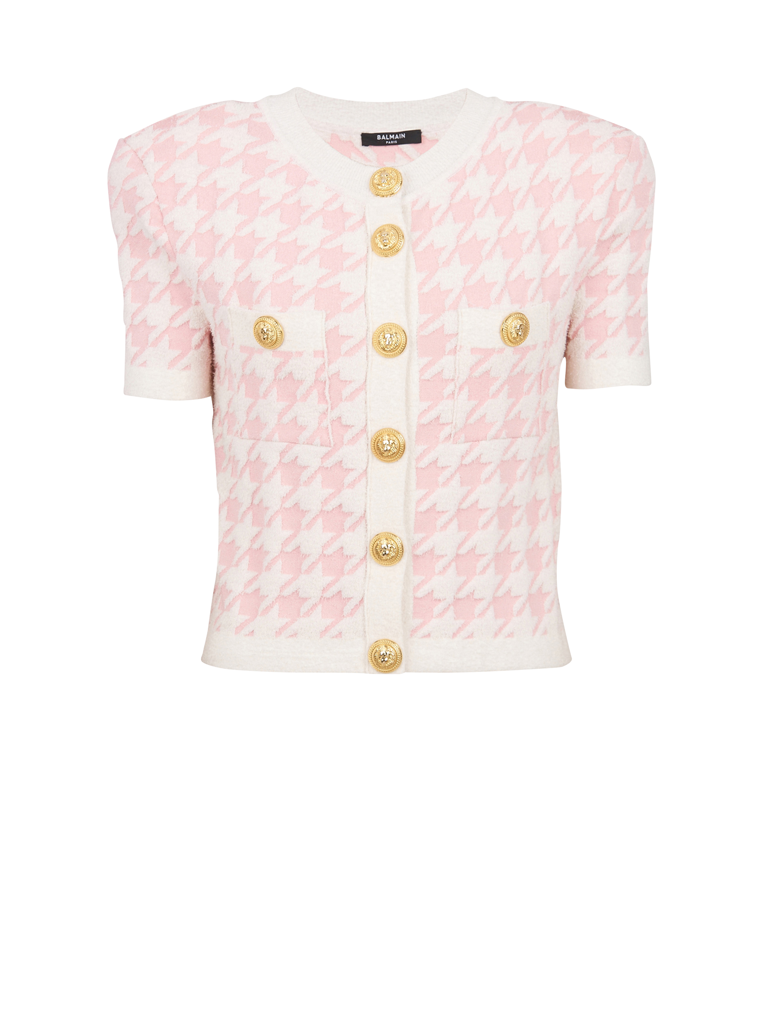 Cardigan corto in maglia con stampa pied-de-poule, rosa
