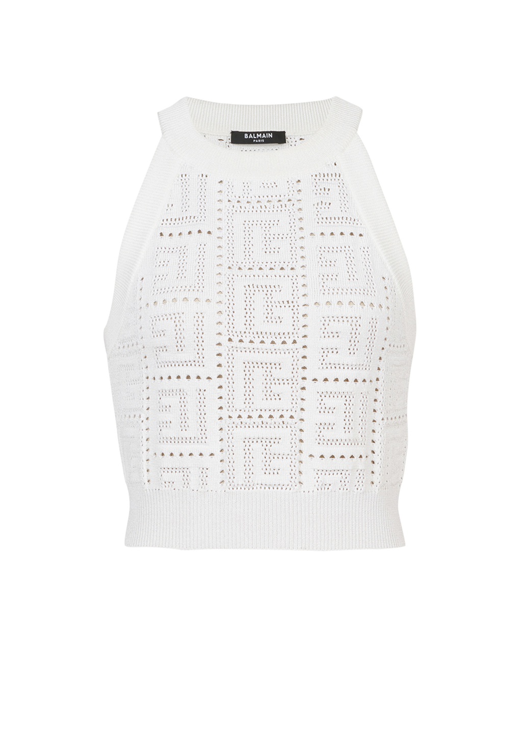 Crop-top in maglia eco-design con monogramma Balmain, bianco, hi-res