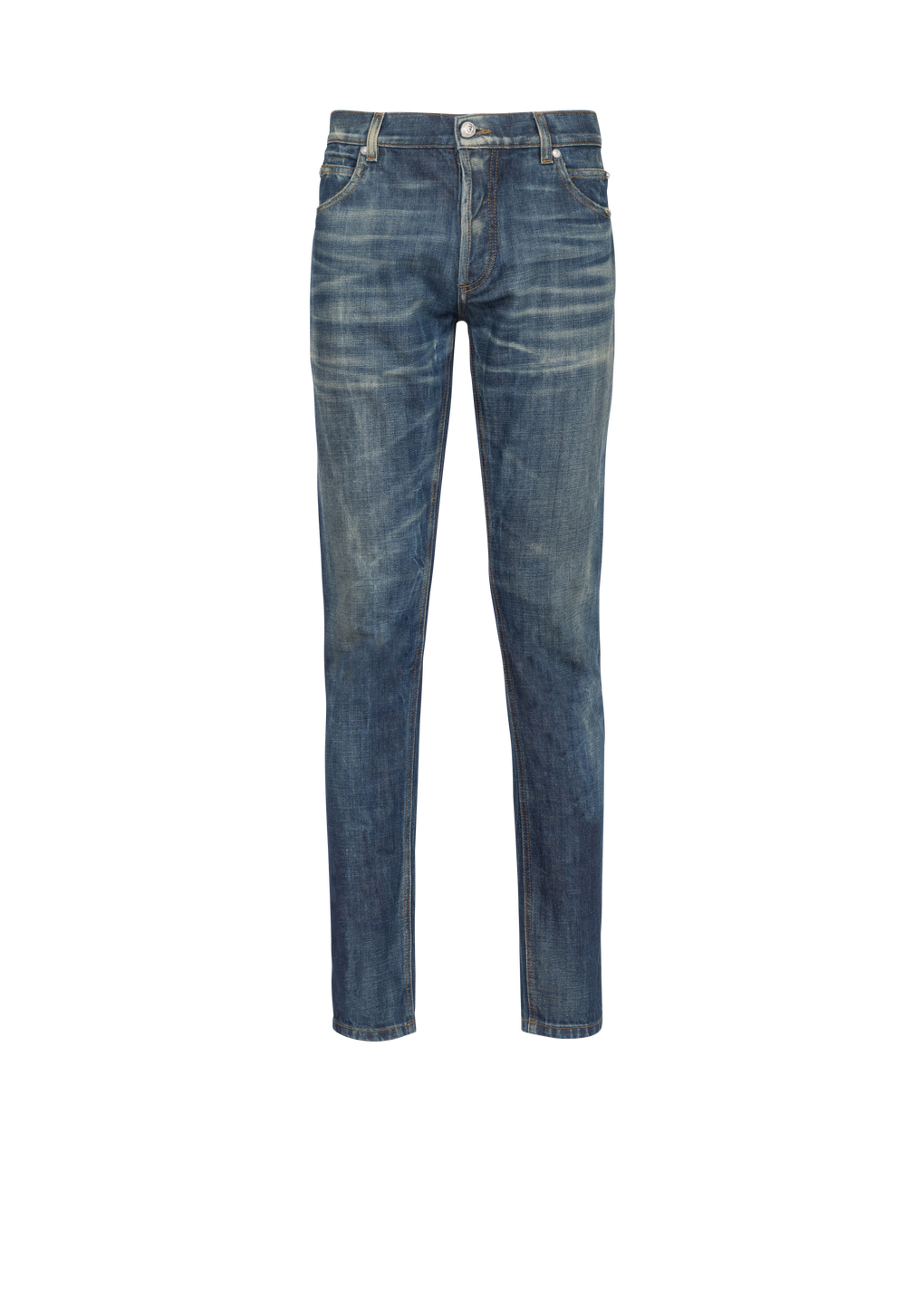 Jeans slim in cotone delavé, blu, hi-res