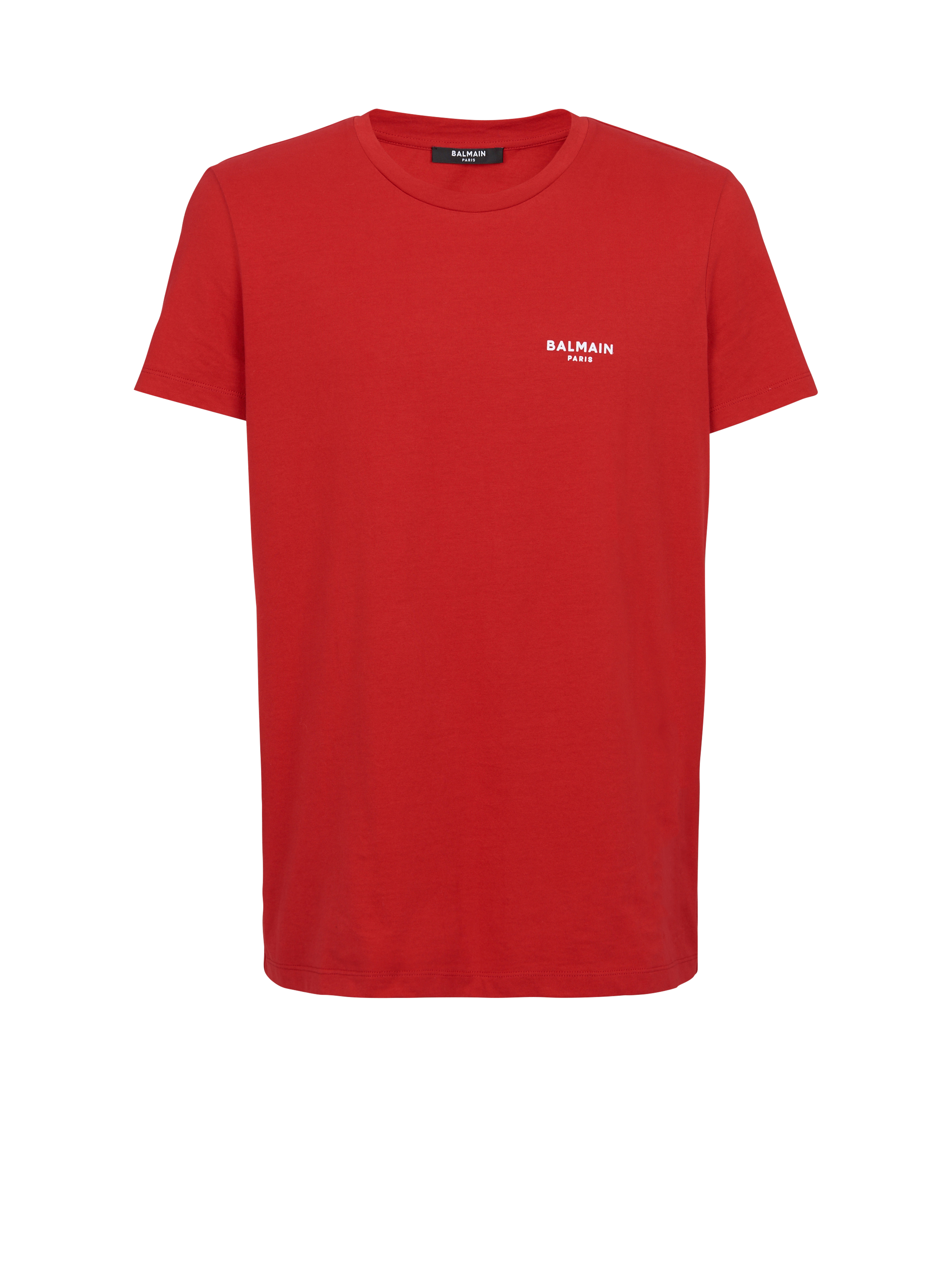 T-shirt in cotone eco-design con piccolo logo Balmain floccato, rosso