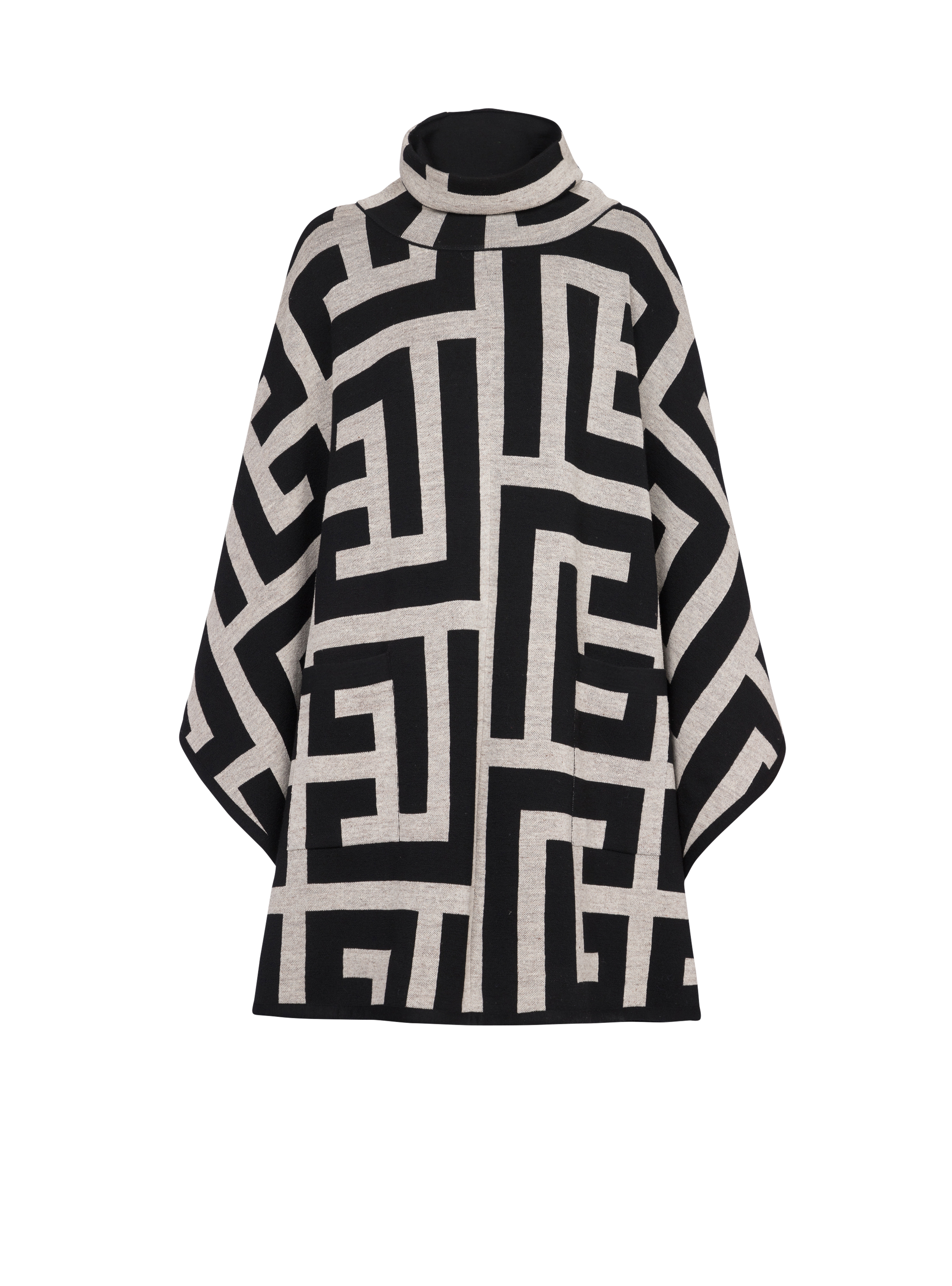 Poncho in maglia con maxi monogramma Balmain, nero