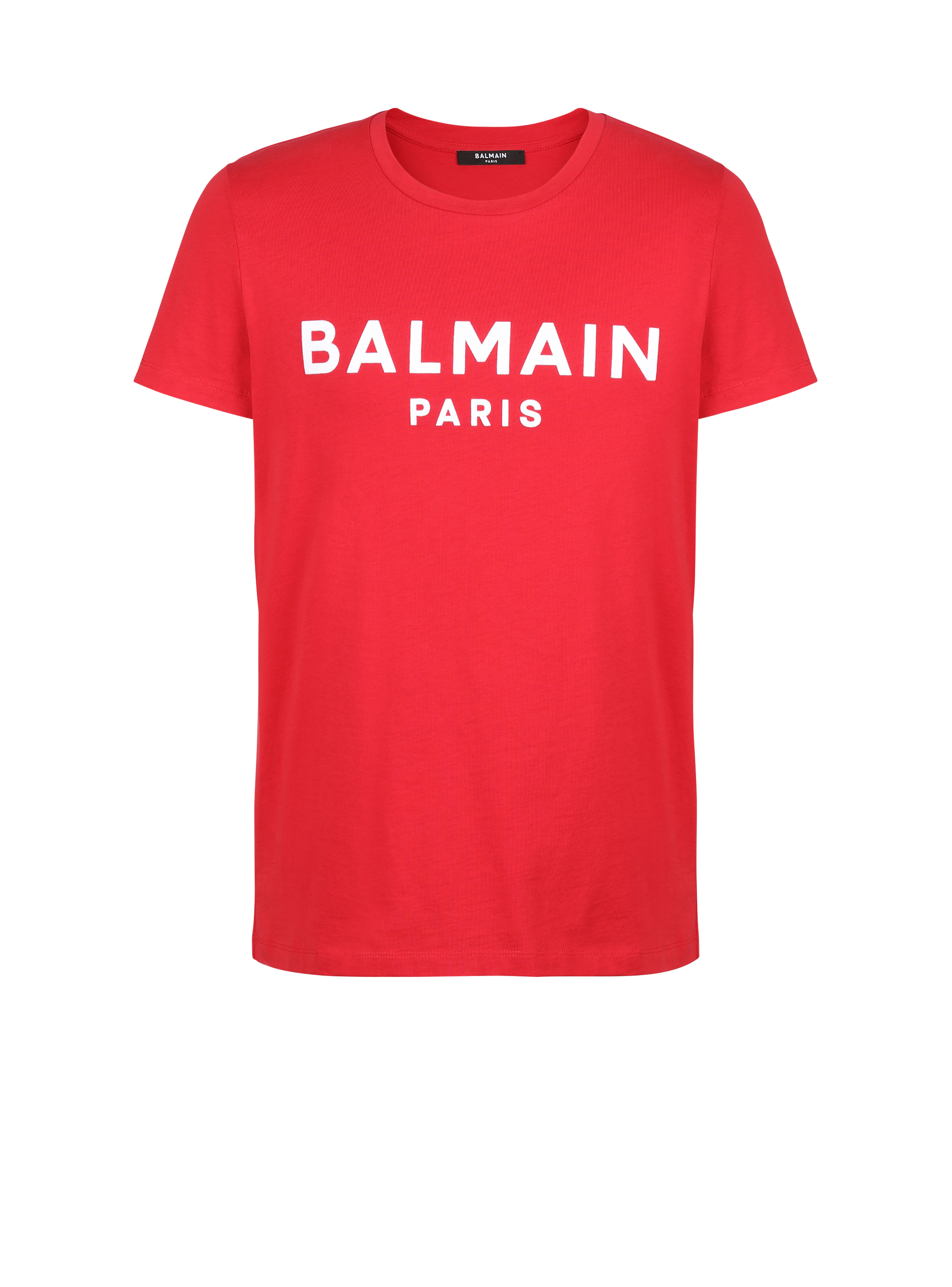T-shirt in cotone con logo Balmain Paris floccato, rosso