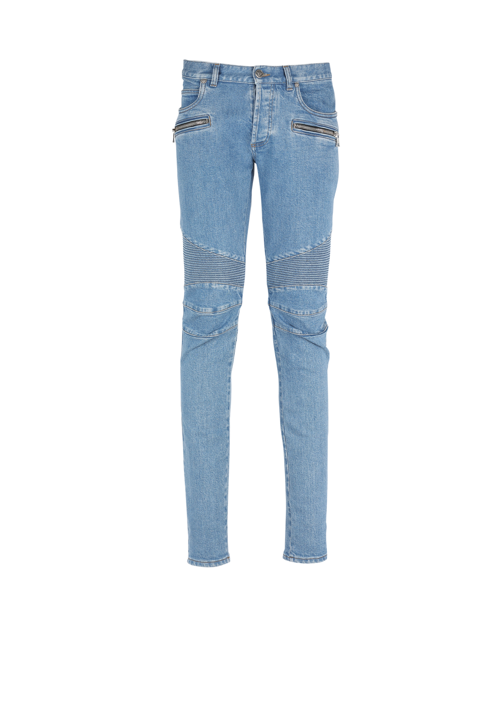 Jeans slim in cotone con inserti a coste e monogramma Balmain sull’orlo, blu, hi-res