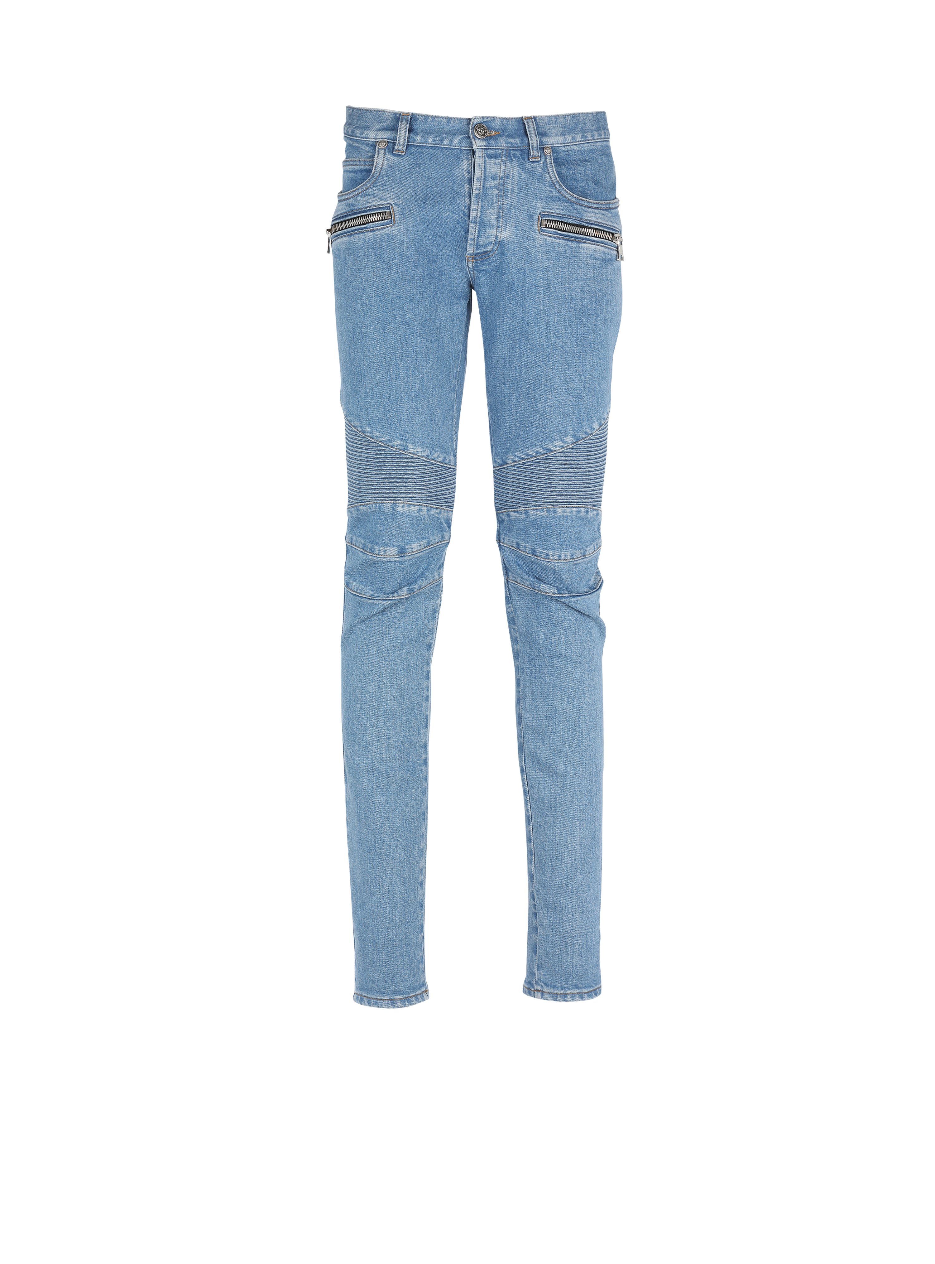 Jeans slim in cotone con inserti a coste e monogramma Balmain sull’orlo, blu