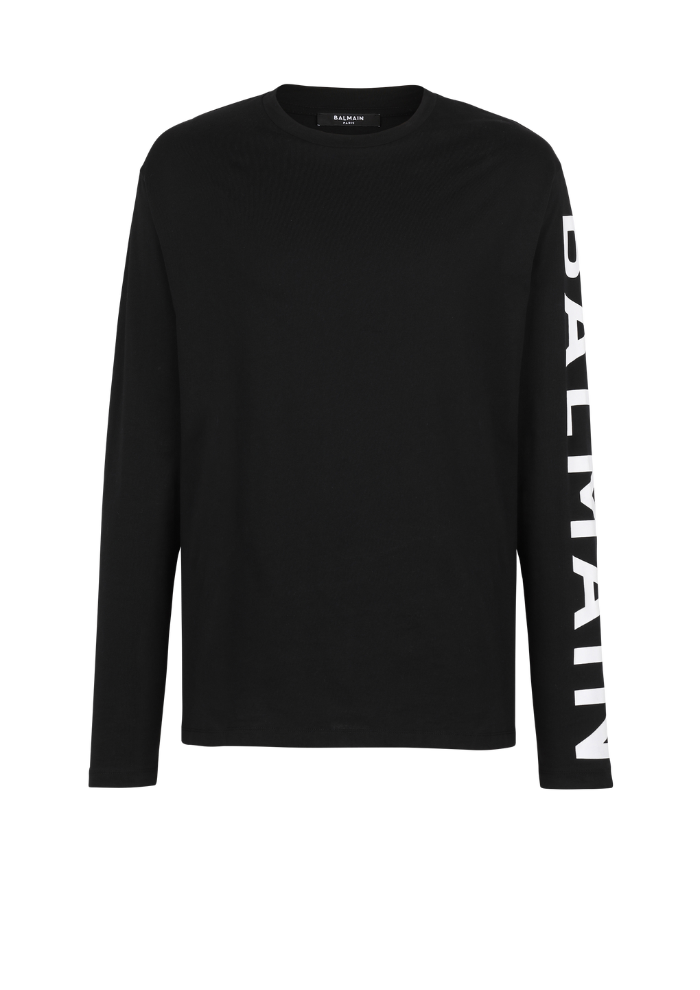 T-shirt in cotone a maniche lunghe con logo Balmain sulla manica, nero, hi-res