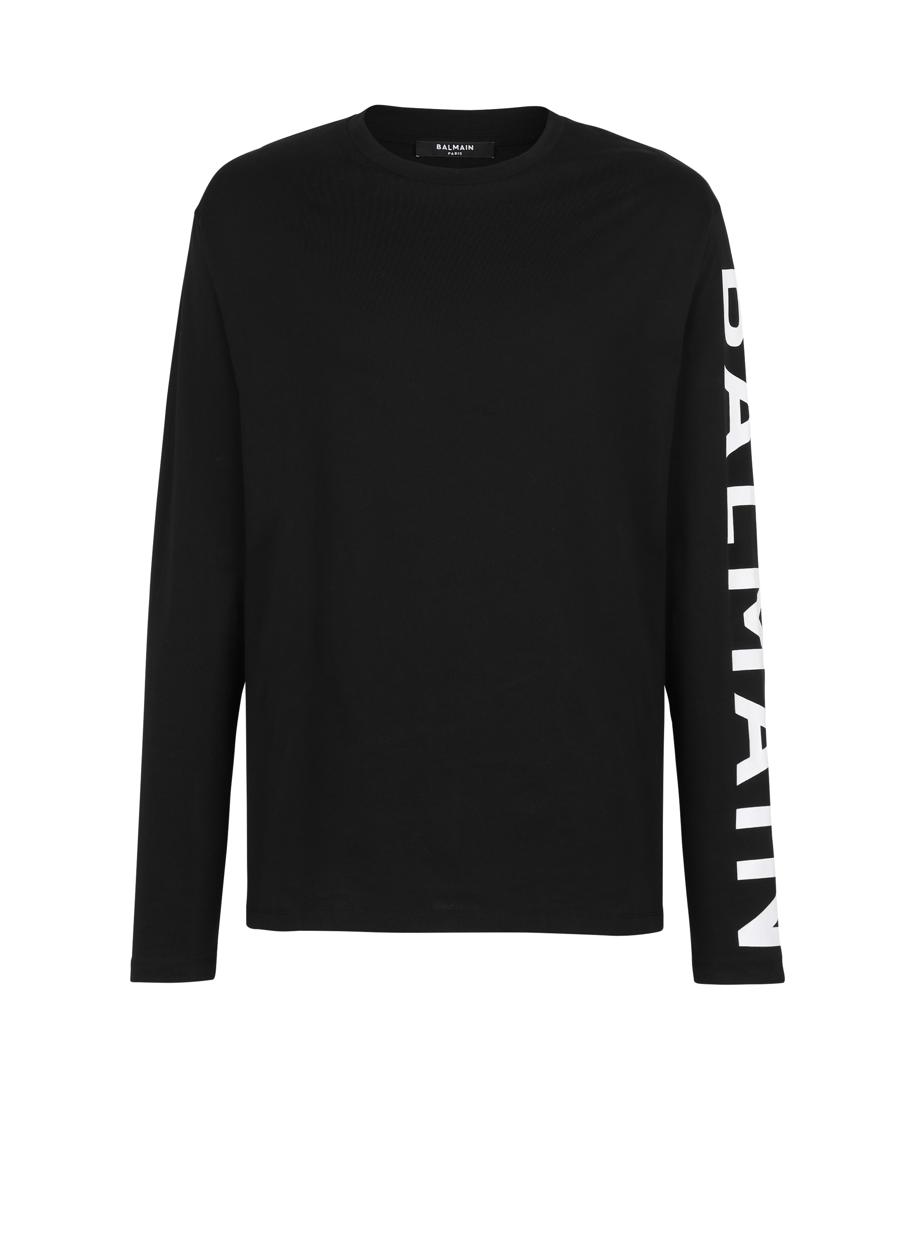 T-shirt in cotone a maniche lunghe con logo Balmain sulla manica, nero