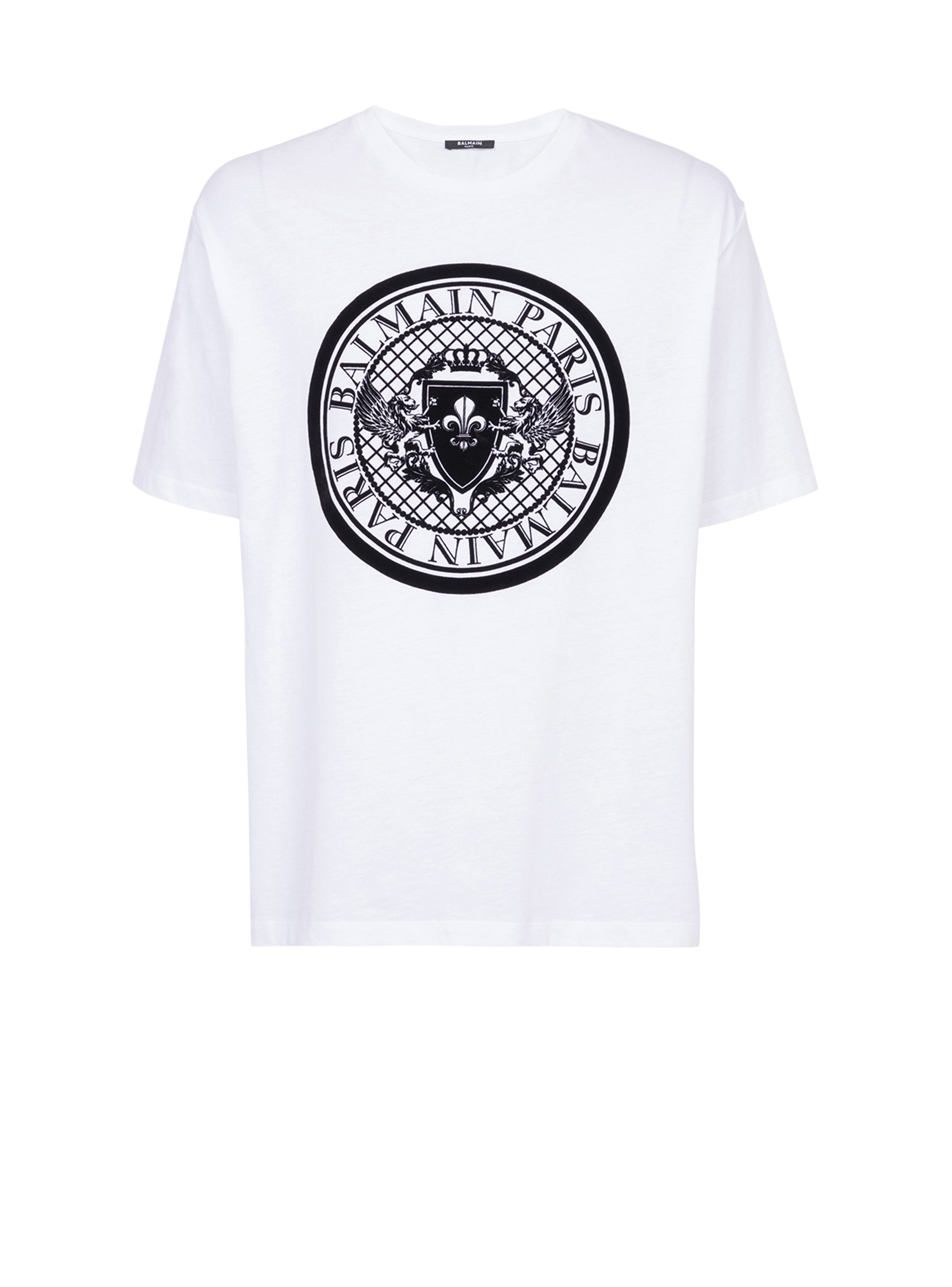 T-shirt in cotone con logo Balmain floccato, bianco