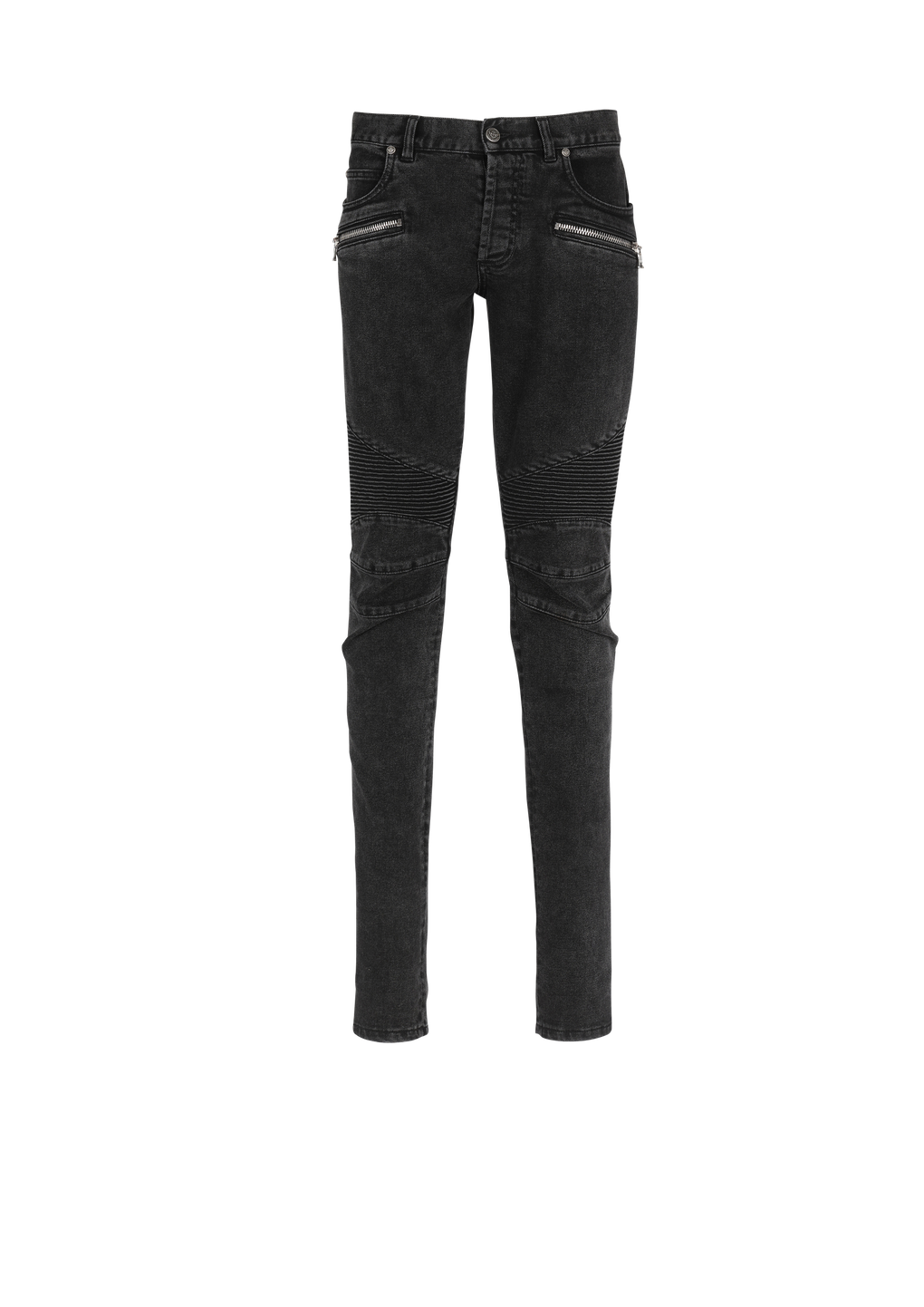 Jeans slim in cotone delavé con inserti a coste e monogramma Balmain sull’orlo, nero, hi-res