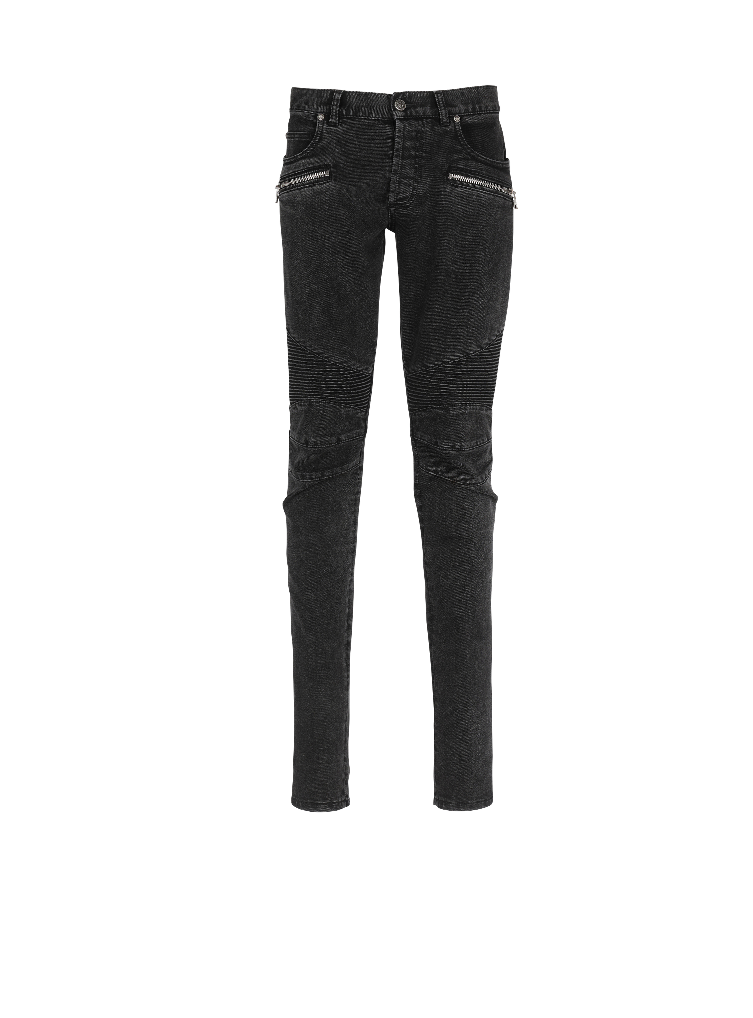 Jeans slim in cotone delavé con inserti a coste e monogramma Balmain sull’orlo, nero
