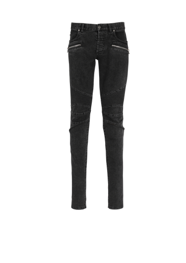 Jeans slim in cotone delavé con inserti a coste e monogramma Balmain sull’orlo